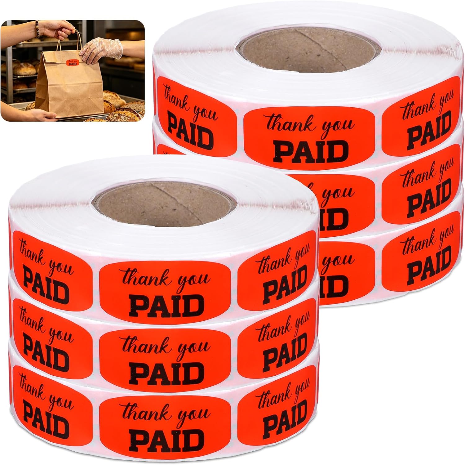6 Rolls 6000 Pcs Paid Stickers, 0.75 x 1.5 Inch Self-Adhesive Thank You Labels, Bright Red Retail Sold Stickers for Supermarkets, Shops, Grocery Stores, Business Use