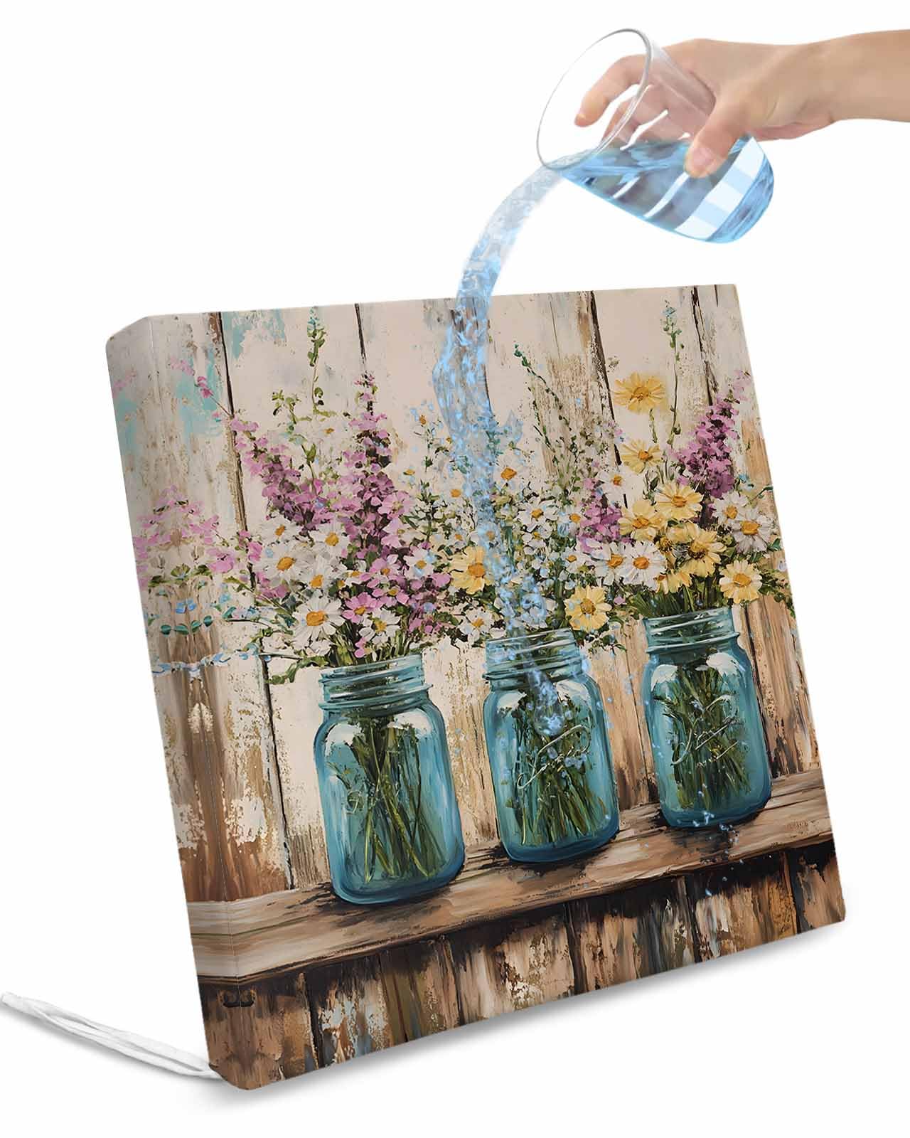 2 Pack Spring Flower Waterproof Cushion Covers with Ties, Outdoor Patio Chaise Lounge Chair Seat Cushion Slip Covers Replacement(Only Cover) Farm Bottle Lavender Daisy Retro Wooden 24