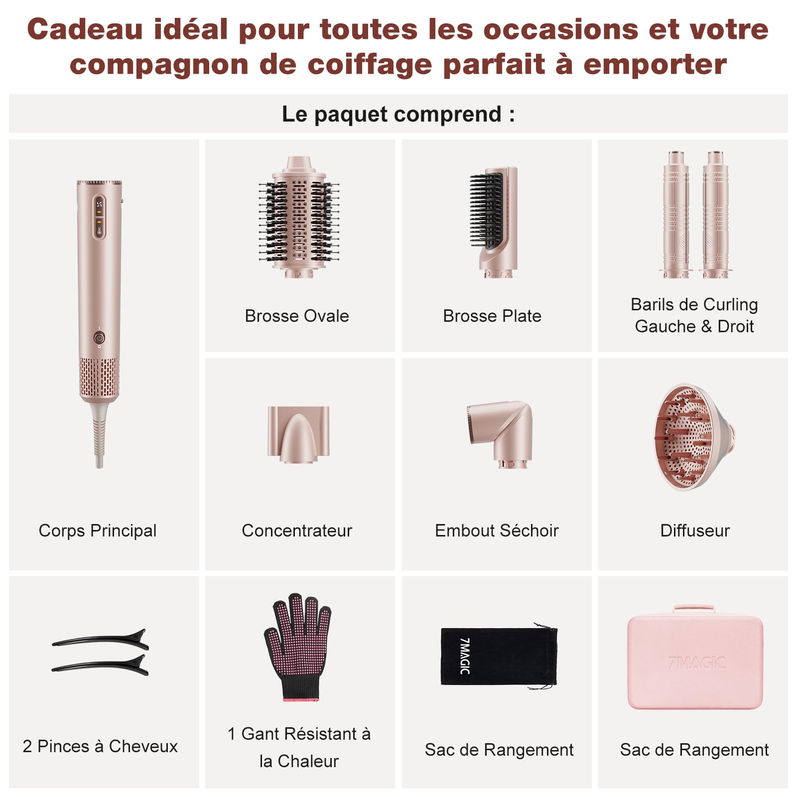 7MAGIC 7 en 1 Air Styler, Sèche-cheveux Ionique, Brosse Soufflante, Lisseur, Fer à Friser Automatique, Ensemble de Coiffure Multifonction Professionnel, sans Dommage Thermiqu, avec Boîte de Voyage