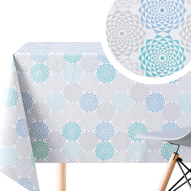 KP HOME Modern Geometric Circles Print PVC Table Cloth Wipe Clean Tablecloth with Palms - Rectangular 200 x 140cm | 78x55in Waterproof Vinyl Wipeable Table Cloth in Blue | Turquoise | Teal | Grey