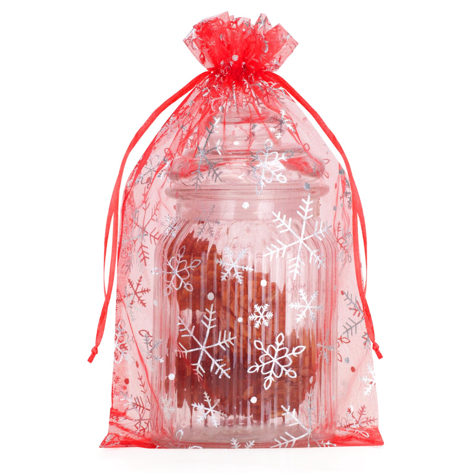 G2PLUS 50 PCS Red Christmas Organza Bags, 20x30 cm Snowflake Favour Pouches for Presents, Reindeer Food, Advent Calendars and Xmas Gifts