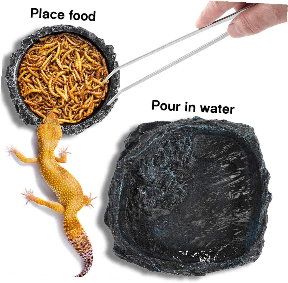 TOYANDONA Reptile Food Dish and Water Bowl Set with 2 Curved 27cm Feeding Tongs, Small Gray Resin Bowl and Large Snake Tank Dish for Bearded Dragon and Hermit Crab Feeding