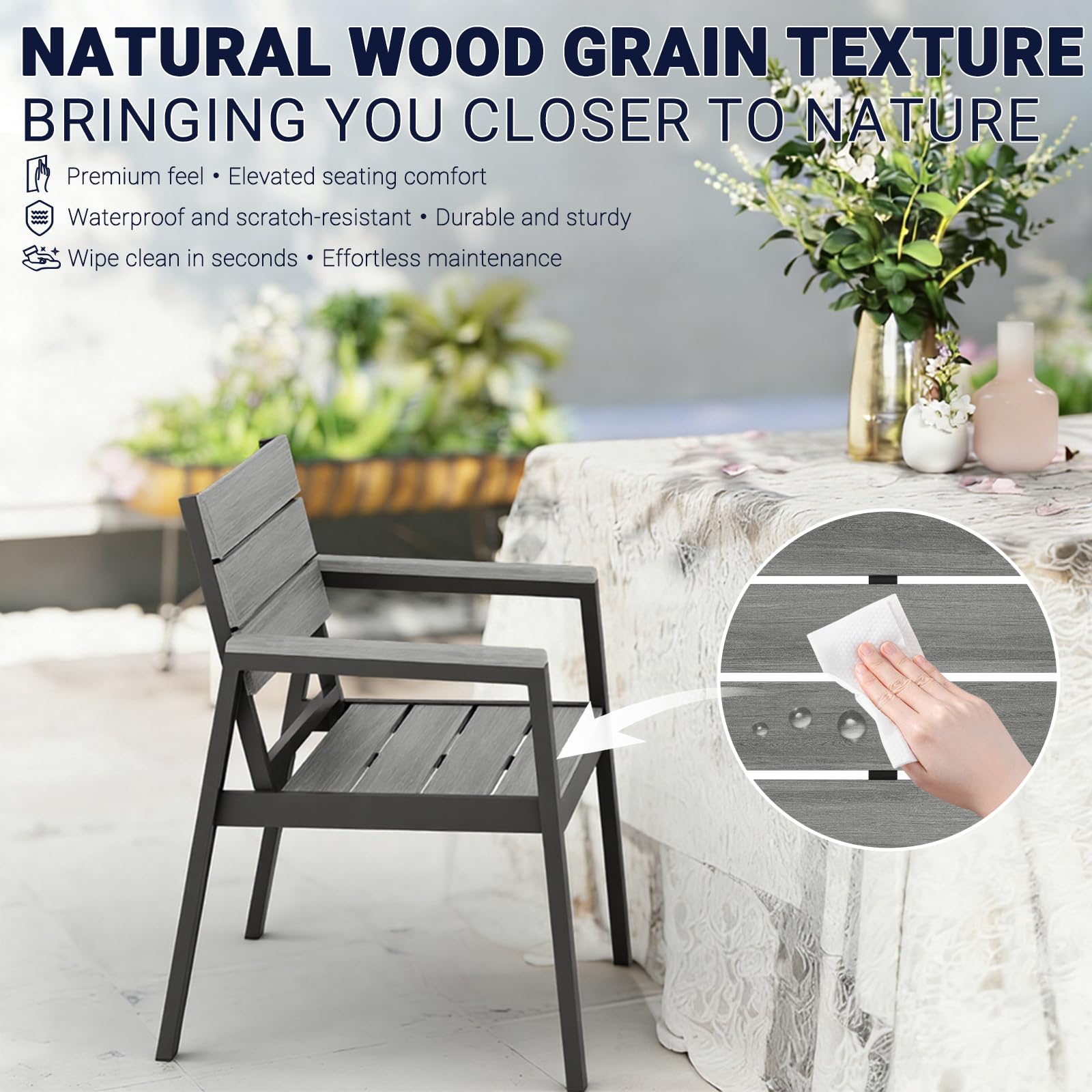 Devoko Alu Aartenstühle mit Armlehne, Gartenstuhl Set (4-teilig), Terrassenstühle Wasserfeste, Langlebige, Gartenstuhl bis 160 kg belastbar, Holzmaserung-Finish, Extrabreite Sitzfläche, Grau