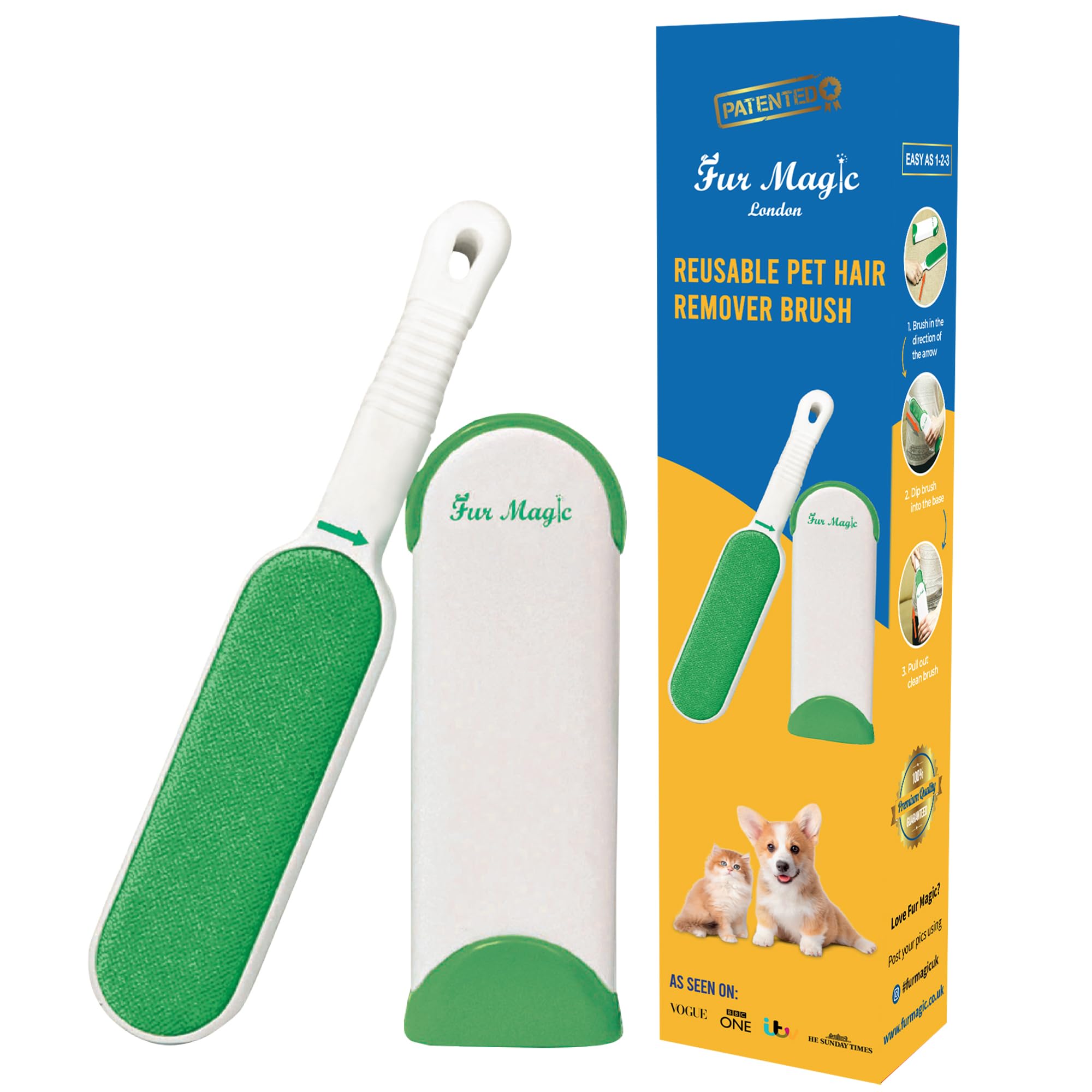 Pet Hair Remover Lint Brush With Self-Cleaning Base, Reusable Fluff Remover for Clothes, Double-Sided Fur Cleaner for Dog and Cat, Green
