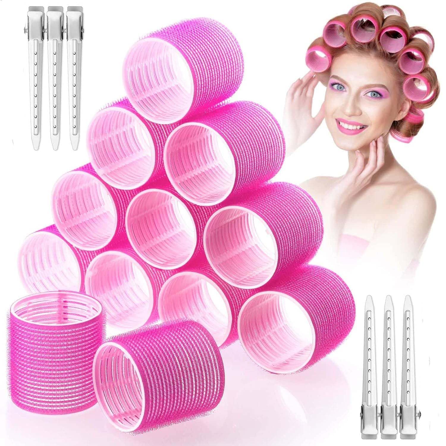 LIKEDEE Hair Roller Curler, Hair Rolling Set 6Pcs Medium Hair Roller Self Grip Salon Hair Curler Large Hair Roller Set for All Hair Types Plastic No Heat Hair Rollers Hair Styling Accessories with 6Pcs Duckbill Clips