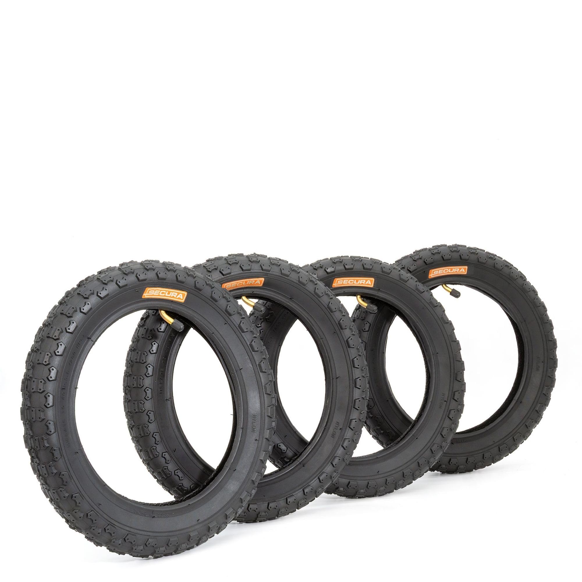 SECURA 4x Reifen 12.5x2.25 12 1/2 x 2 1/4 inkl Schläuche Winkelventil kompatibel mit Kinderfahrrad Kinderwagen Buggy Laufrad Dreirad Roller Fahrradanhänger 47-203