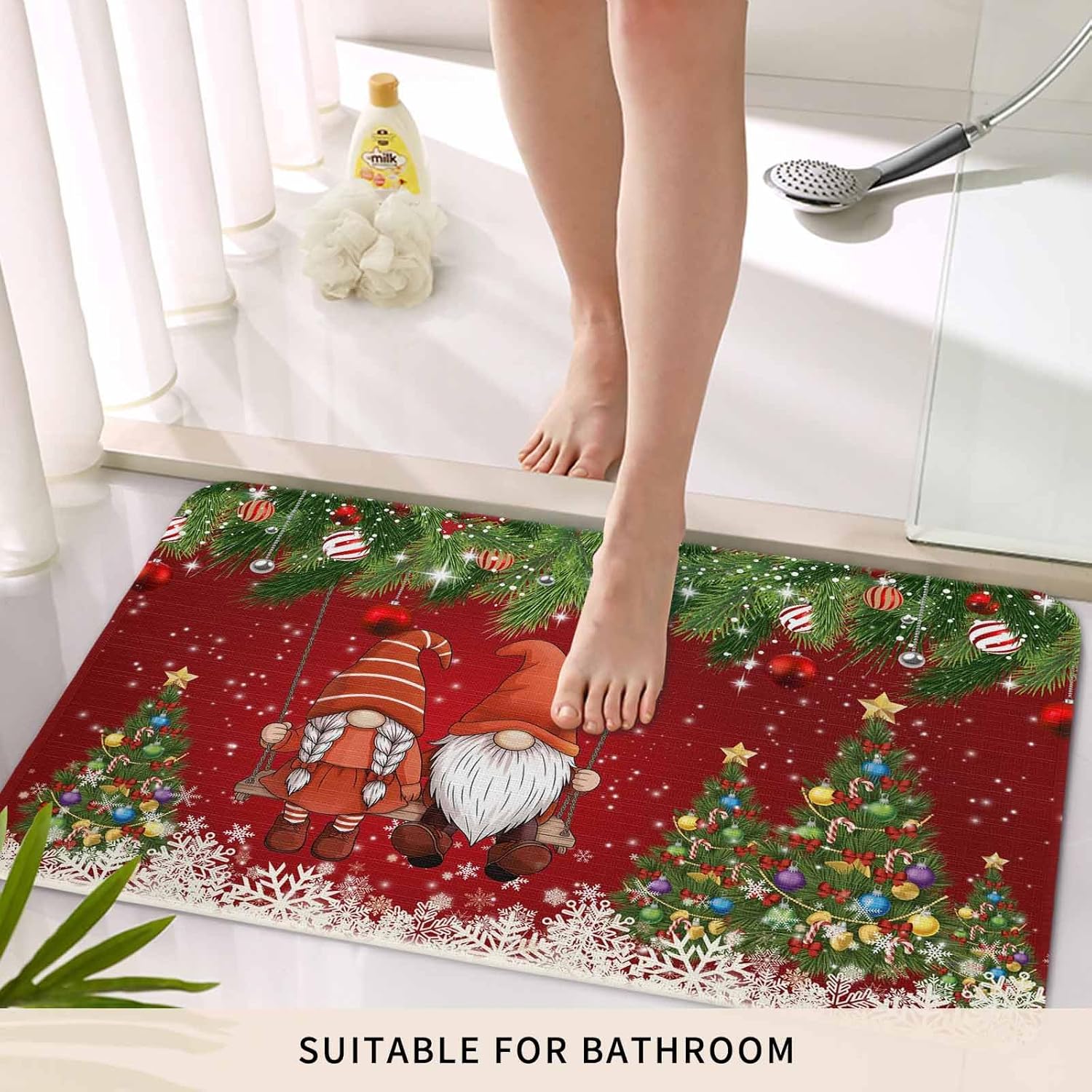 Red Gnomes Christmas Front Door Mat Entrance Welcome Floor Mats Indoor Outdoor, Xmas Tree Balls Heavy Duty Absorbent Doormat, Snowflake Non-Slip Rugs for High Traffic Areas 16"x24"