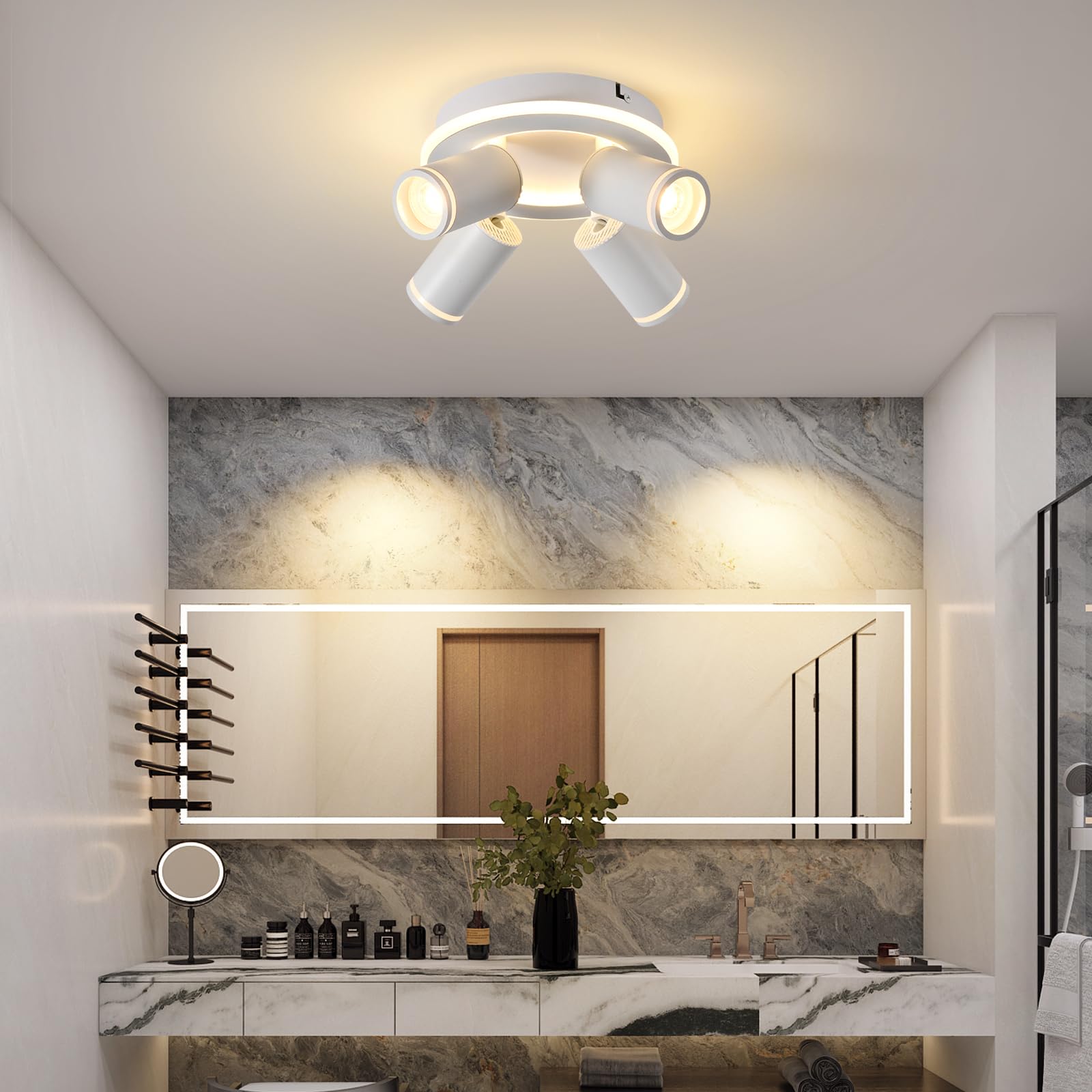 SANSHI Okrągły reflektor sufitowy, 4 obrotowe reflektory sufitowe LED 350°, nowoczesne oświetlenie oprawy z dolnym blaskiem 22 W + 4 x 5 W GU10, ciepła biel 3000 K do kuchni, salonu, biały