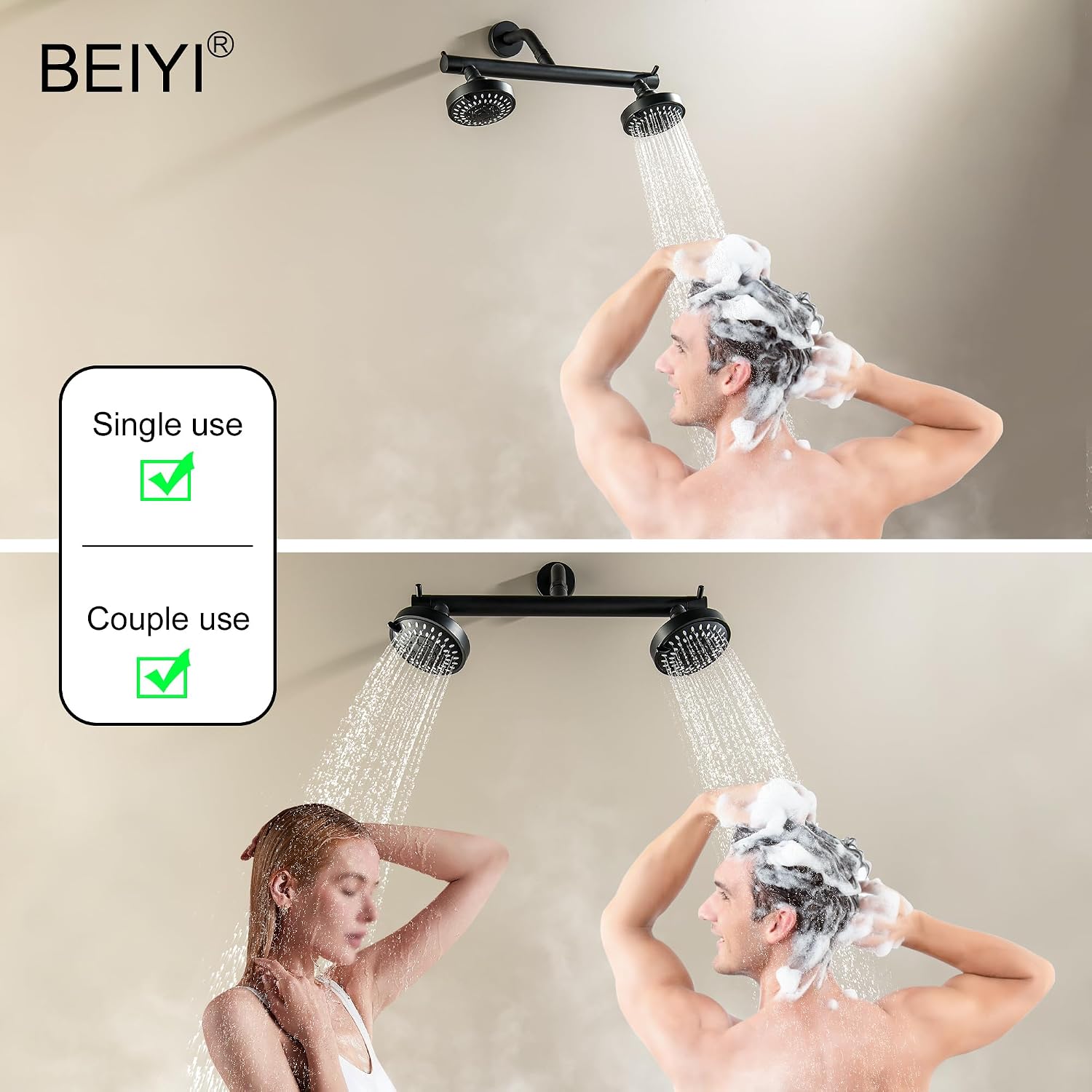 Double Dual Shower Head with Built-in Valve, High Pressure 5 Function 2 Person Couples Shower Head, Matte Black