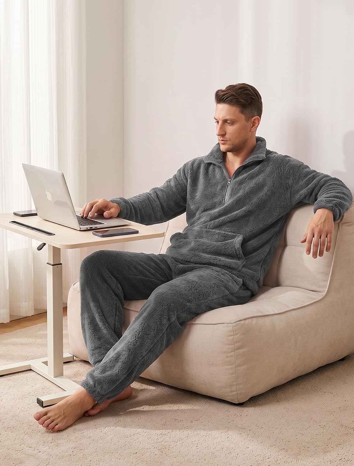 Arssm Mens Fluffy Pajamas Set 2 Piece Fleece Plush Winter Pjs
