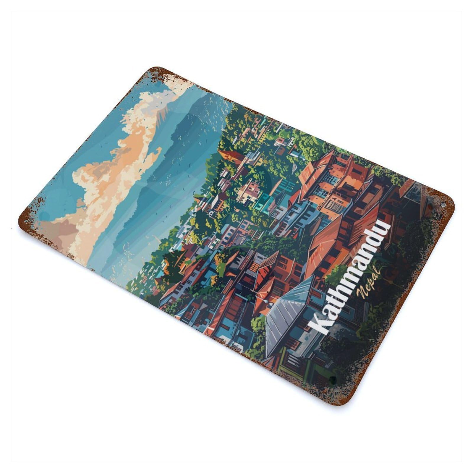 Rust Effect Tin Sign with Kathmandu, Nepal Cityscape Illustration Design 11.8"x7.9", for Pub, Kitchen And Man Cave Decor, Industrial Home Decor