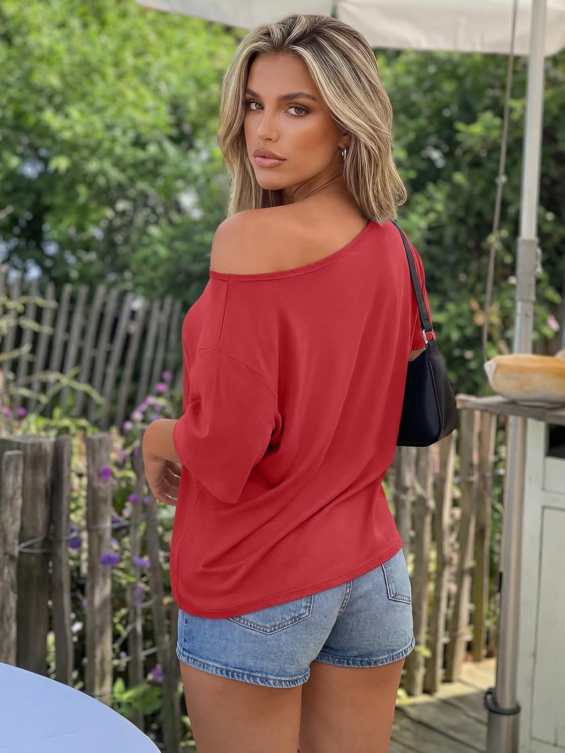 Trendy Queen Womens Off the Shoulder Tops Oversized Summer T-Shirts 2026 | Breathable Strenchy Comfort Material Short Sleeve Basic Oversized Tees Casual Workout Gym Y2k Going Out Clothes 3X-Large Red thumbnail 5