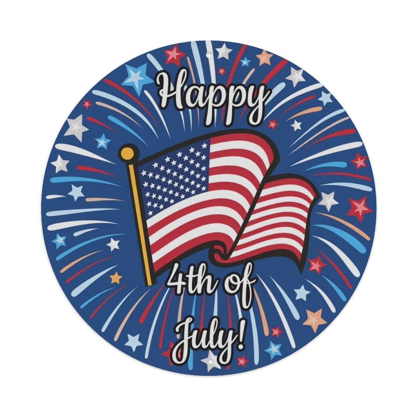 Happy 4th of July American Flag Fireworks Round Tin Sign Vintage Aluminium Metal Sign, Retro Wall Decor for Home, Bar, Garage & Farmhouse 20x20cm
