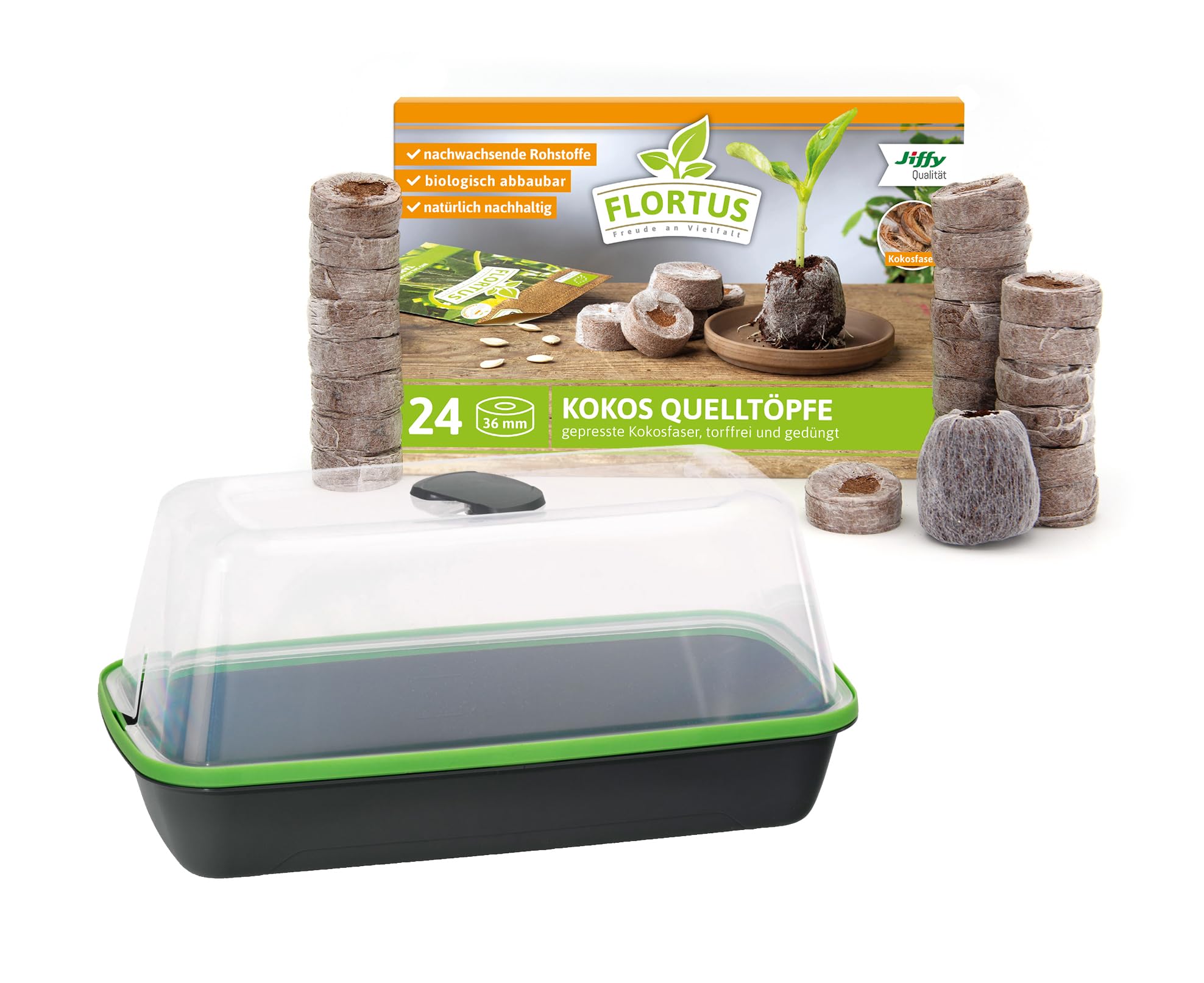 FLORTUS Set Zimmergewächshaus BoQube M anthrazit & Kokos Quelltöpfe (24 STK) | Gewächshaus & Quelltabletten aus Kokoserde Anzuchterde | Geschenkset