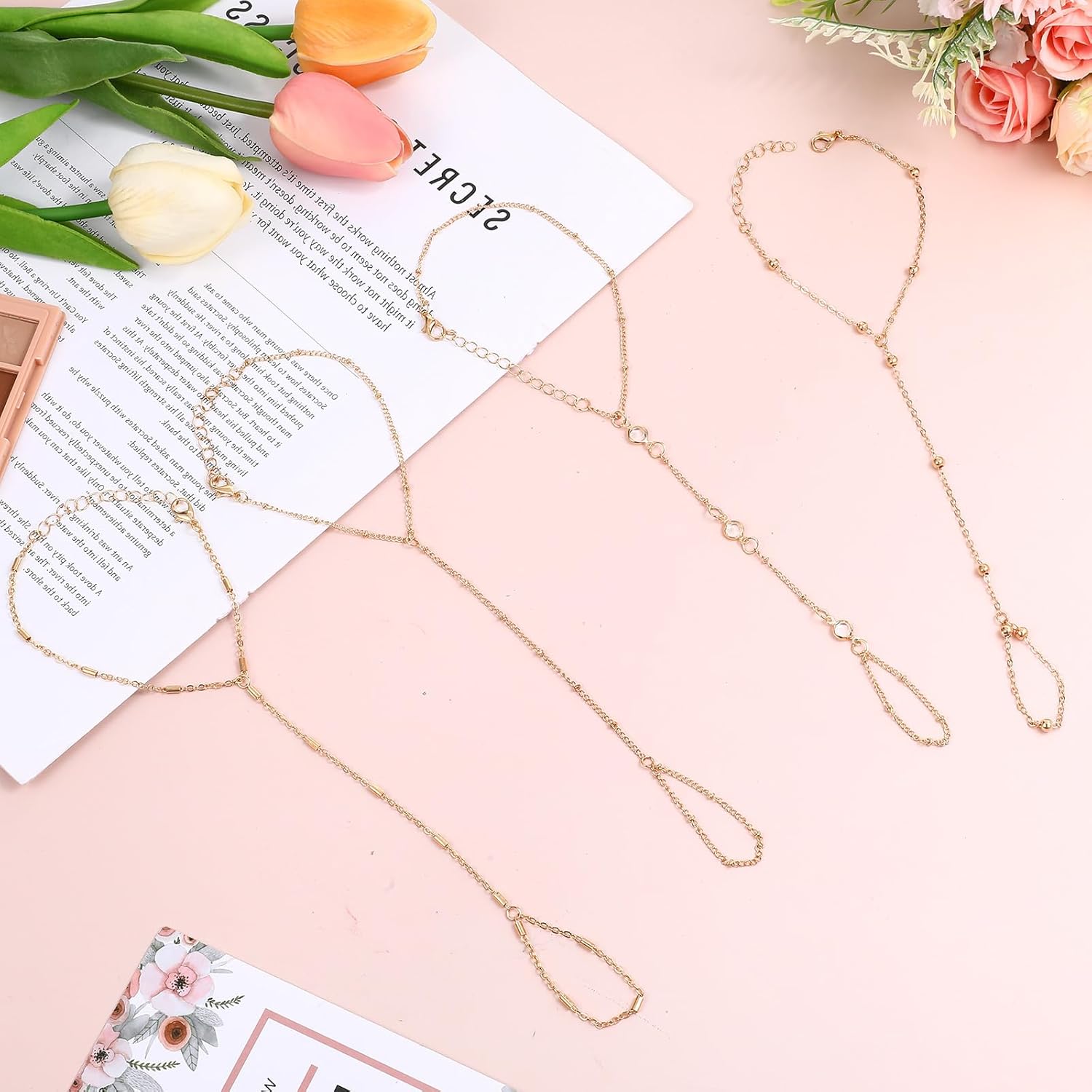 4Pcs Gold Hand Chain Bracelets for Women Trendy Gold Plated Ring Bracelet Hand Chain Dainty Stackable Hands Chains Bracelets Simple Adjustable Bracelet Jewelry Gifts Set - Image 7