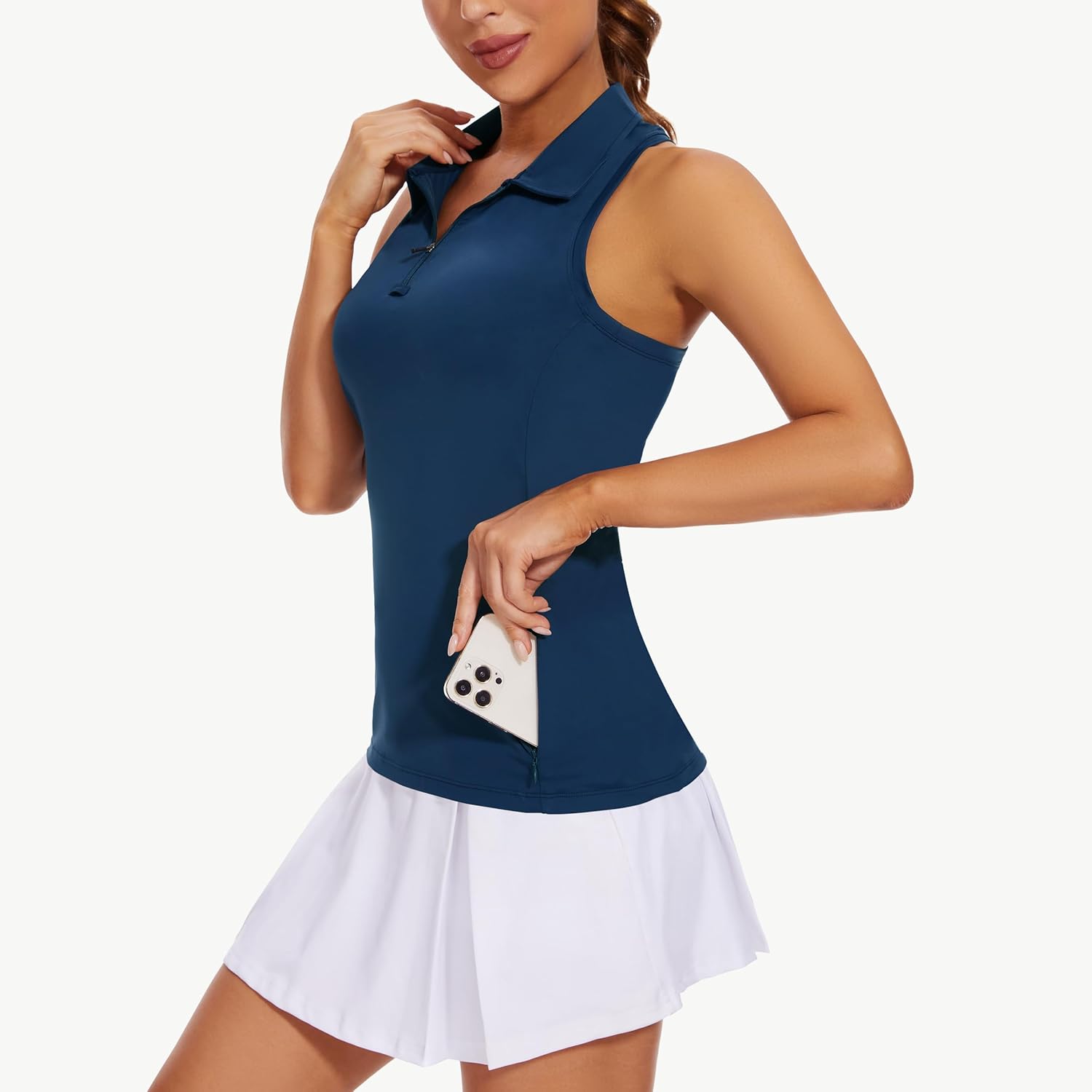 Women's Sleeveless Golf Shirts - Racerback Zip Up Tennis Athletic Polo Collar Tank Tops with Zip Pocket Quick Dry UPF50