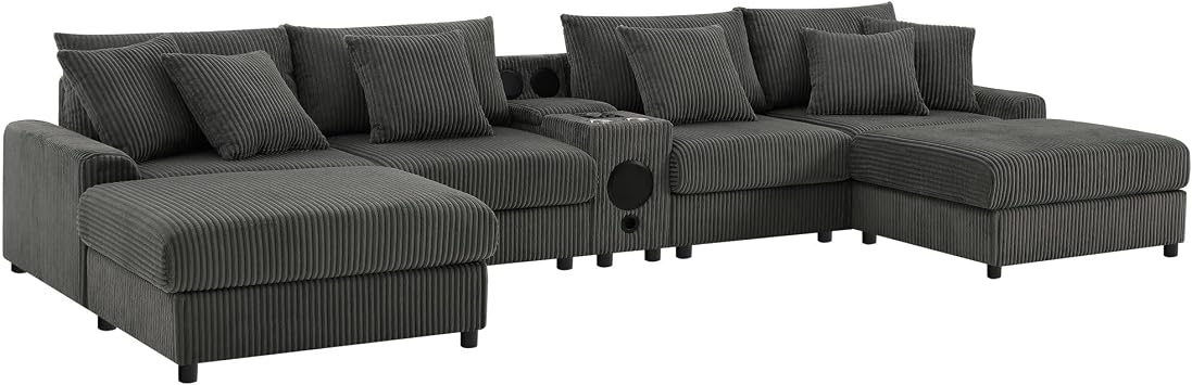 LUMISOL Sectional Sofa with Console for Living Room, U-Shaped Corduroy Couch with Speakers, USB Charger and Cup Holders, 144" Deep and Wide Seat Cloud Sofa with Ottoman for Apartment, Dark Gray