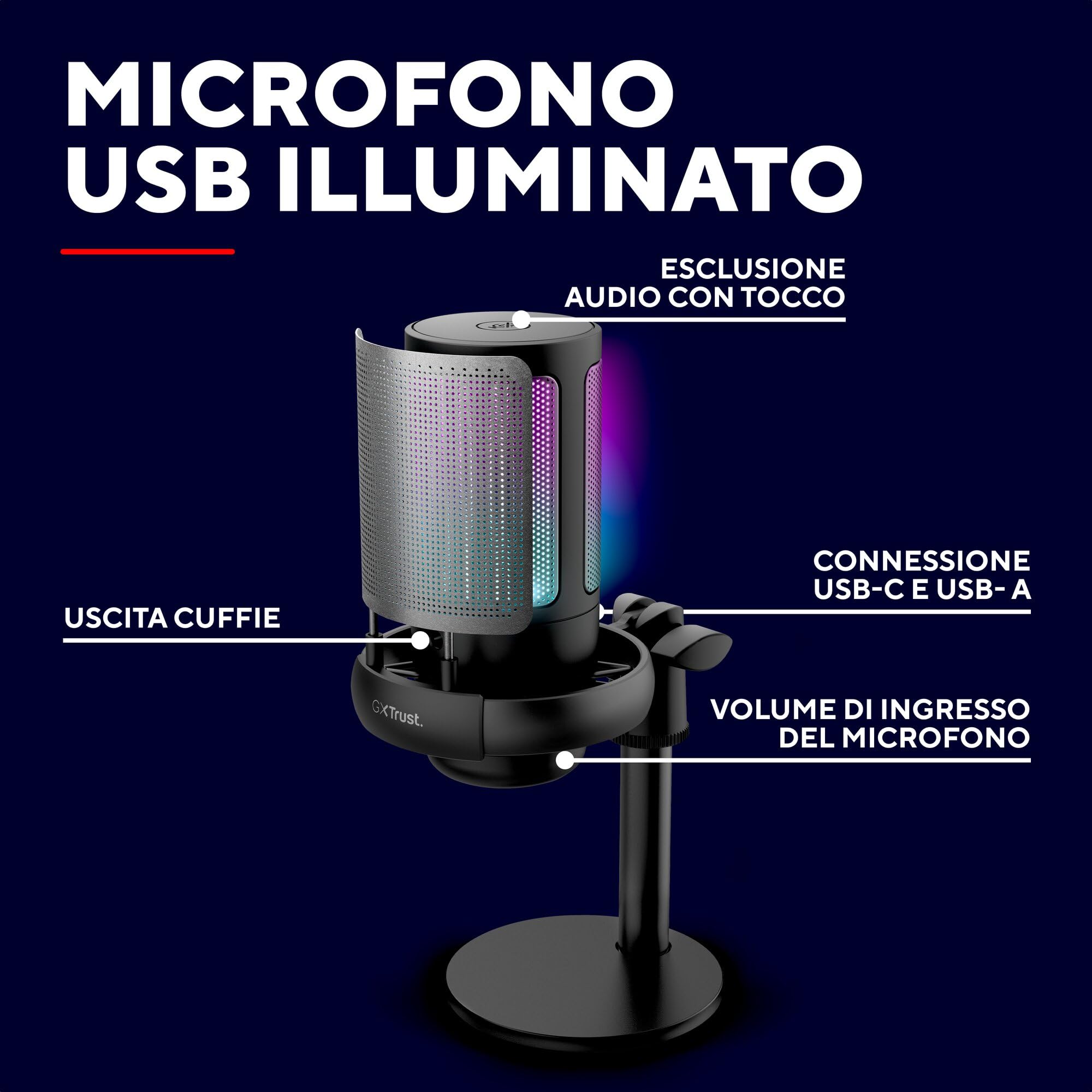 GXTrust 1238 Ruan Microfono USB con Supporto in Metallo, Shock-mount e Filtro Pop, Pattern Cardioide, Microfono Gaming USB per Podcast Youtube, ASMR, Streaming, Twitch, PC, PS4, PS5, Nero