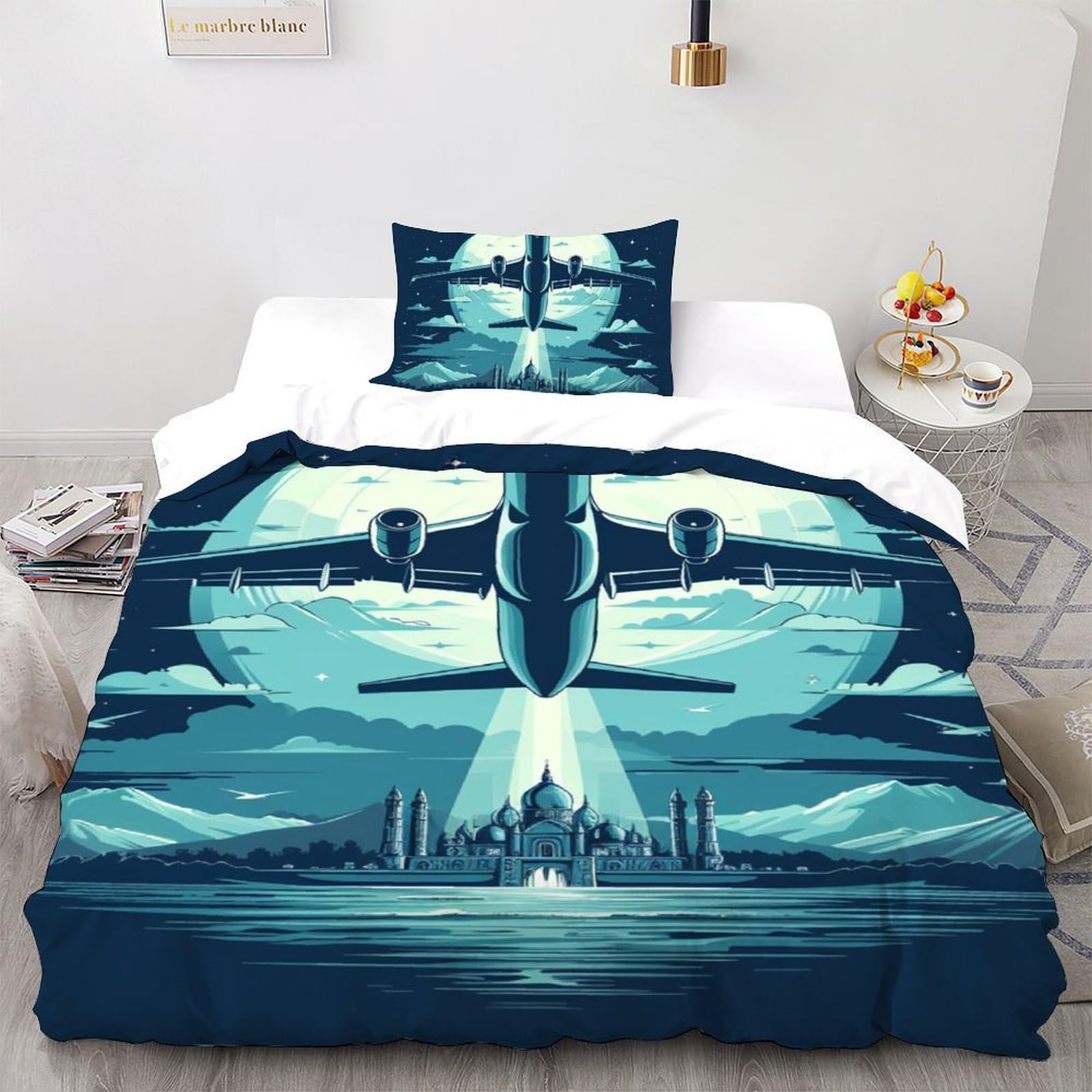 Housse de couette enfant 3D avion bleu 135x200cm en textile doux et résistant pour lit simple