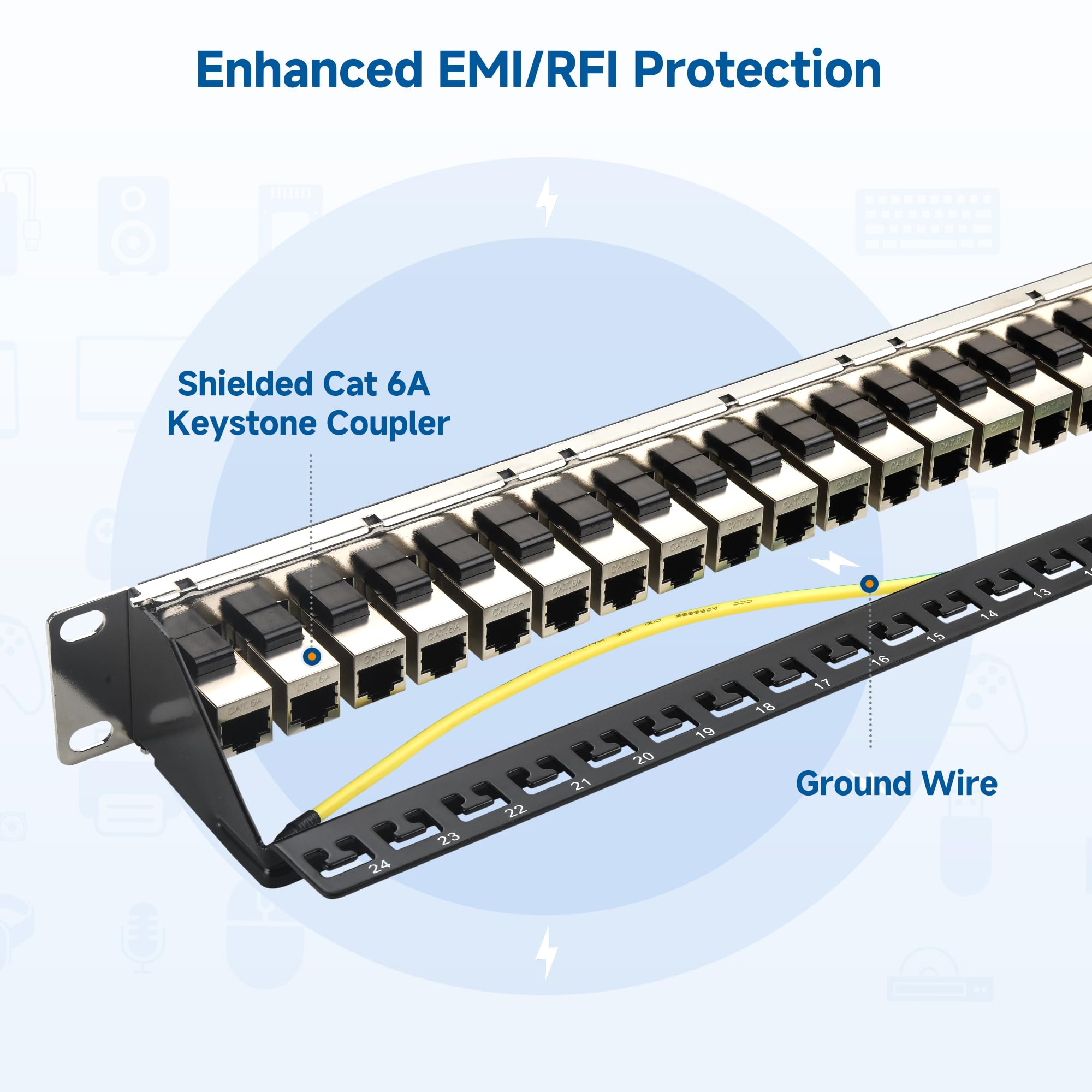 Cable Matters Pannello patch Ethernet Cat6A 1U da 48,9 cm a 24 porte 10 Gbps con Keystone in linea e barra di gestione dei cavi, pannello patch di rete per montaggio a rack o a parete / Patch Panel