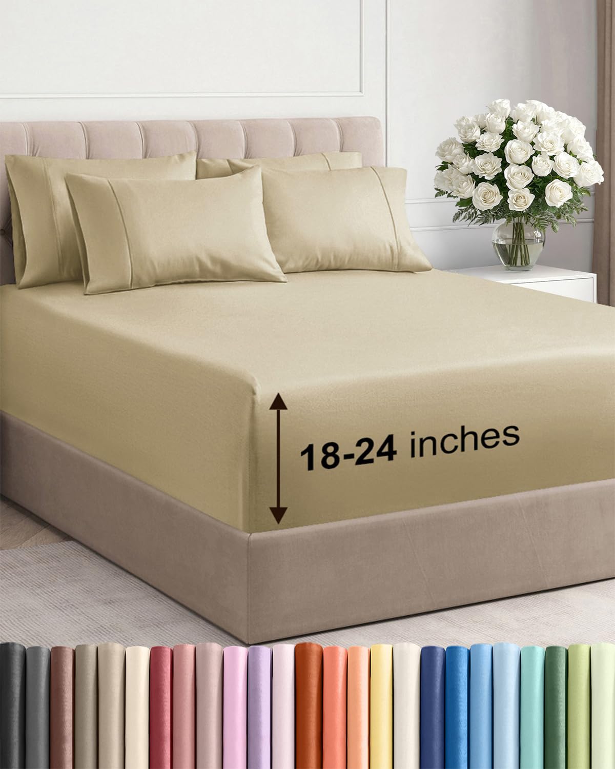 extra deep king sheet set - 6 piece breathable and cooling sheets - hotel luxury bedding for women, men, kids & teens - easy & secure fit - soft, wrinkle free and comfy - extra deep pockets - beige