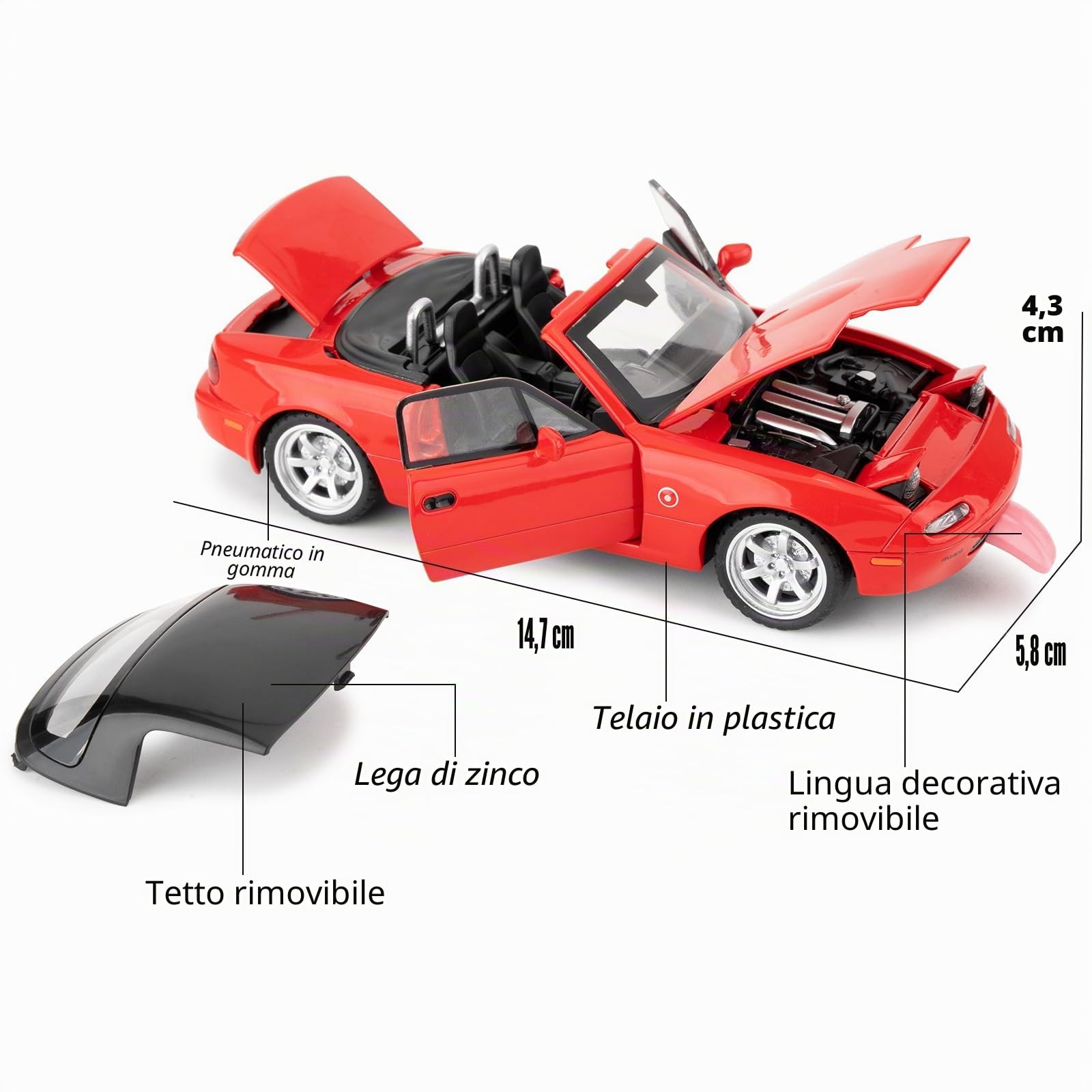 Imtfzct 1/32 Mazda Miata MX-5, Giocattolo Con Suono e Luce, Auto da Collezione per Bambini 4-7 Anni (Rosso)
