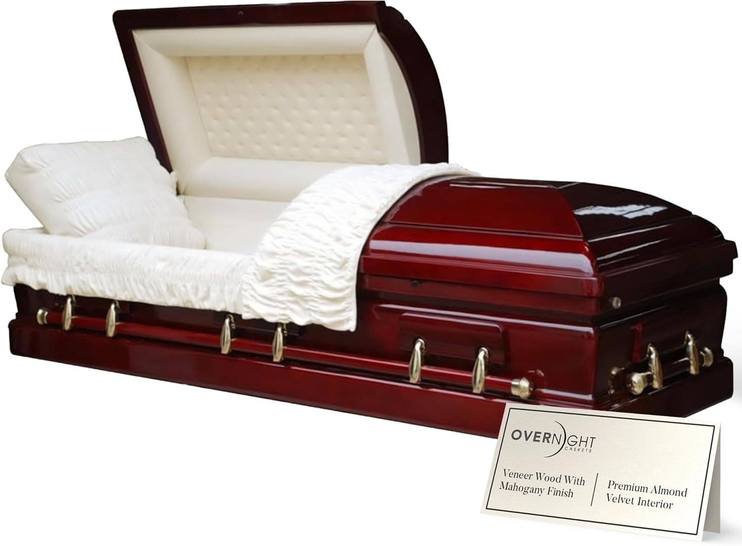 Overnight Caskets Belmont Veneer Wood Funeral Casket w/Almond Velvet Interior - Premium Veneer Hardwood - Fully Appointed Adult Casket - Handcrafted Coffin w/Pillow and Throw Set