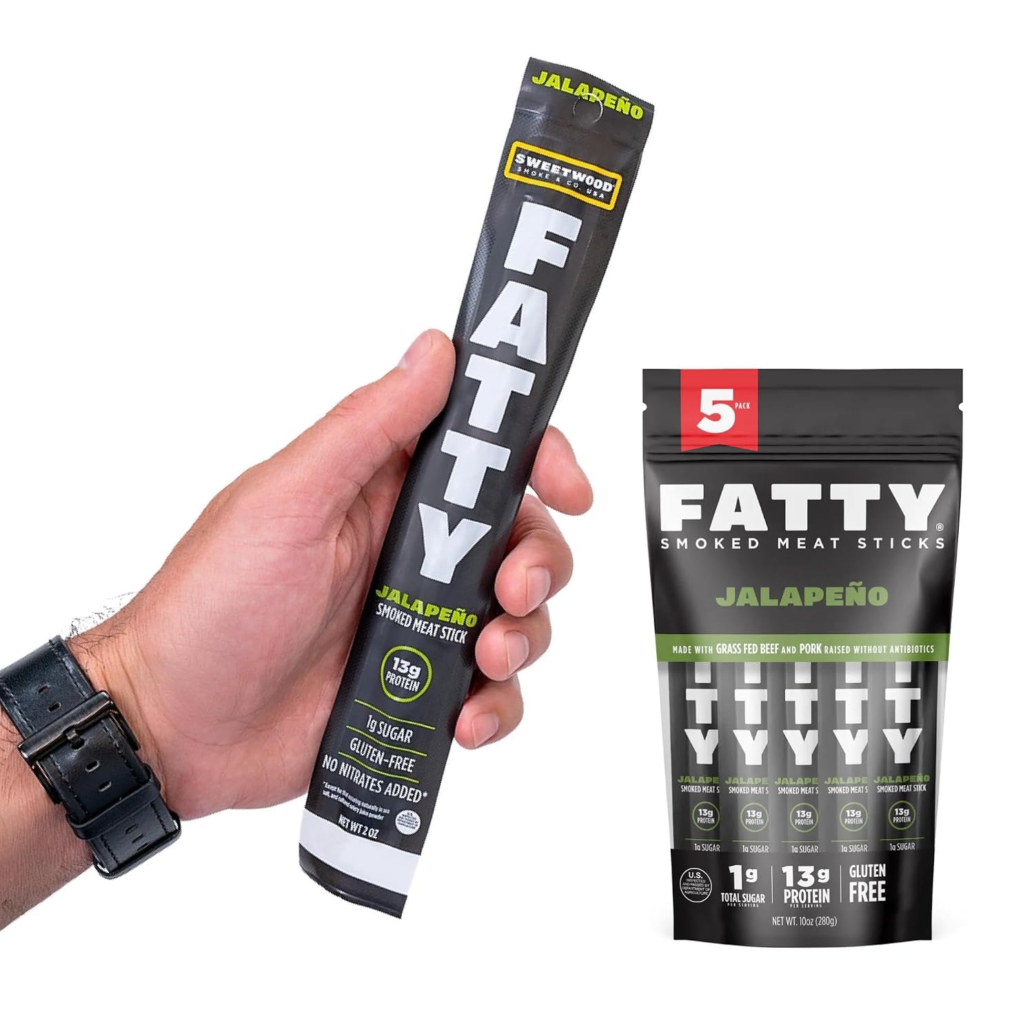 FATTY Meat Sticks: Grass-Fed Beef + Antibiotics-Free Pork, Jalapeño Kick, 13g Protein Per Stick (2 oz, Pack of 5)