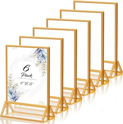 Portarretratos de acrílico dorado de 4 x 6 pulgadas, soporte de acrílico transparente de doble cara, soporte de plástico para números de mesa de