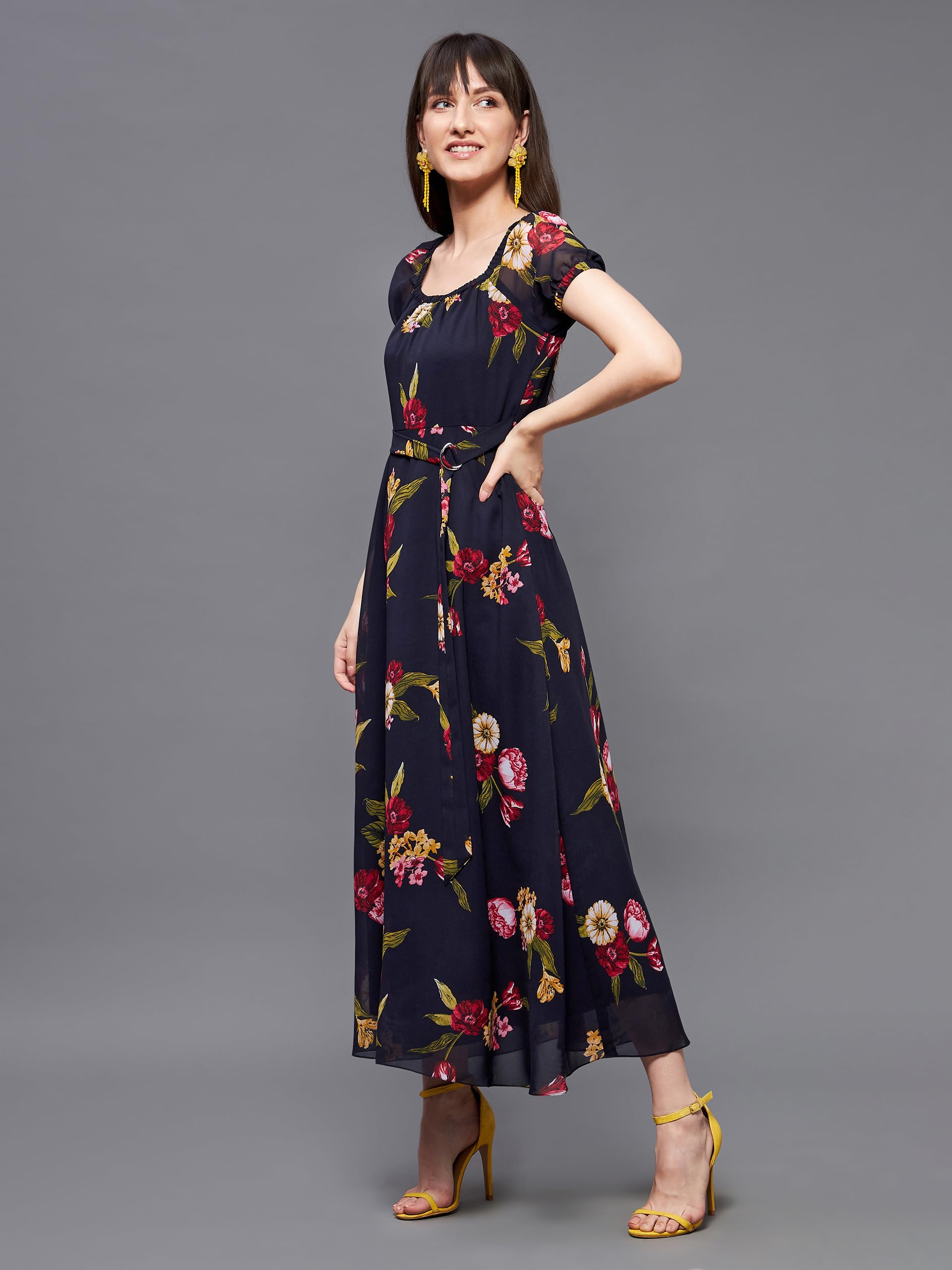 Miss Chase Women's Square Neck Short Puff Sleeve Floral Fit & Flare Georgette Midi Dress (Mcss22D16-21-178-02, Multicolored-Base-Navy Blue, Xs)