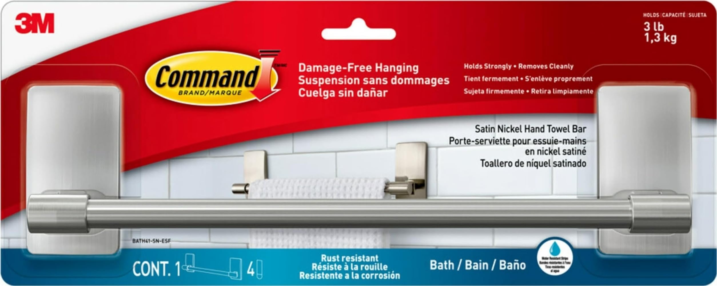 3M Command Bath41-Sn-Es Towel Holder, Satin Nickel, Damage-Free