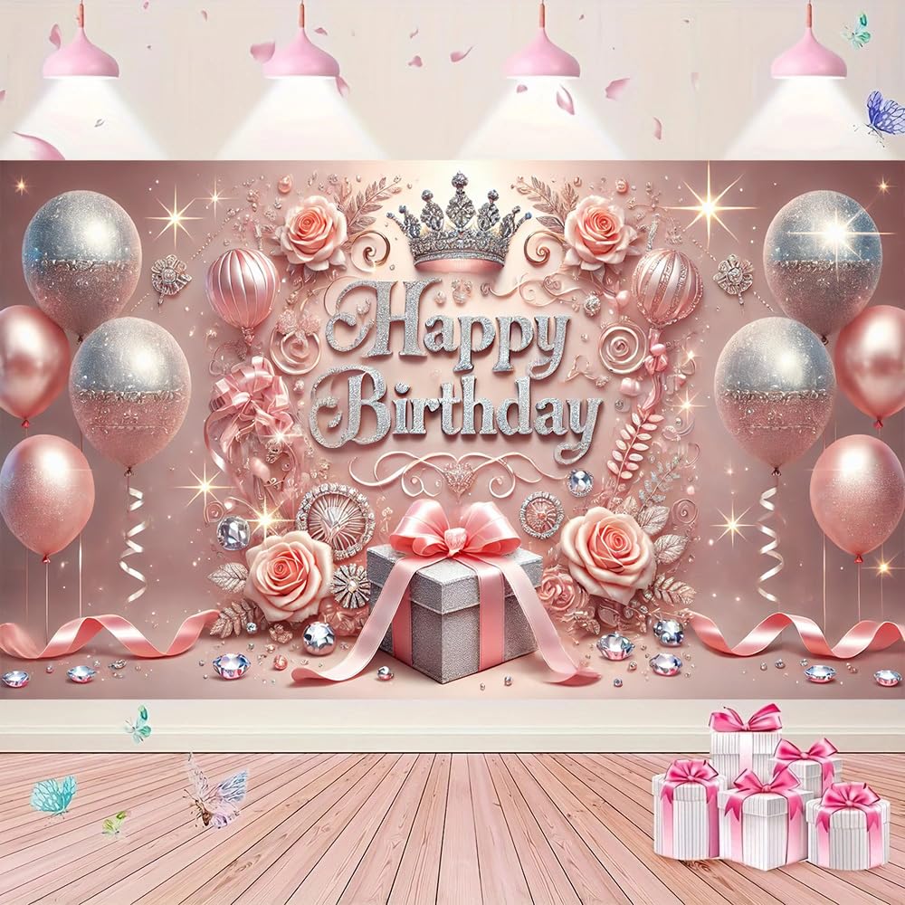 Pink Birthday Party Decorations 71x43 Inch Happy Birthday Banner Balloons Flowers Crown and Gift Box Suitable for Girls Women Party Decorations Photo