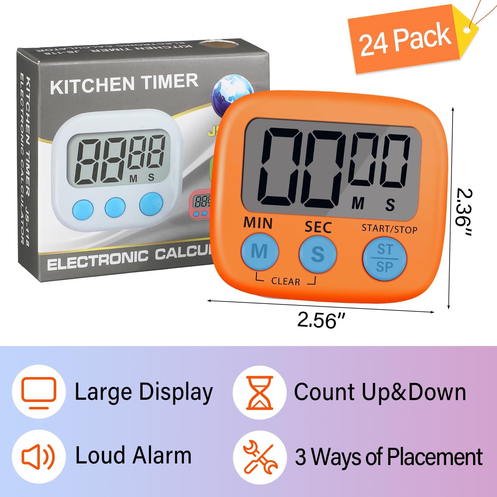 Weewooday 24 Pcs Digital Kitchen Timer Magnetic Timer Bulk On/Off Switch Minute Second Count up Countdown Loud Alarm for Exercise Cook Baking(Multicolor)