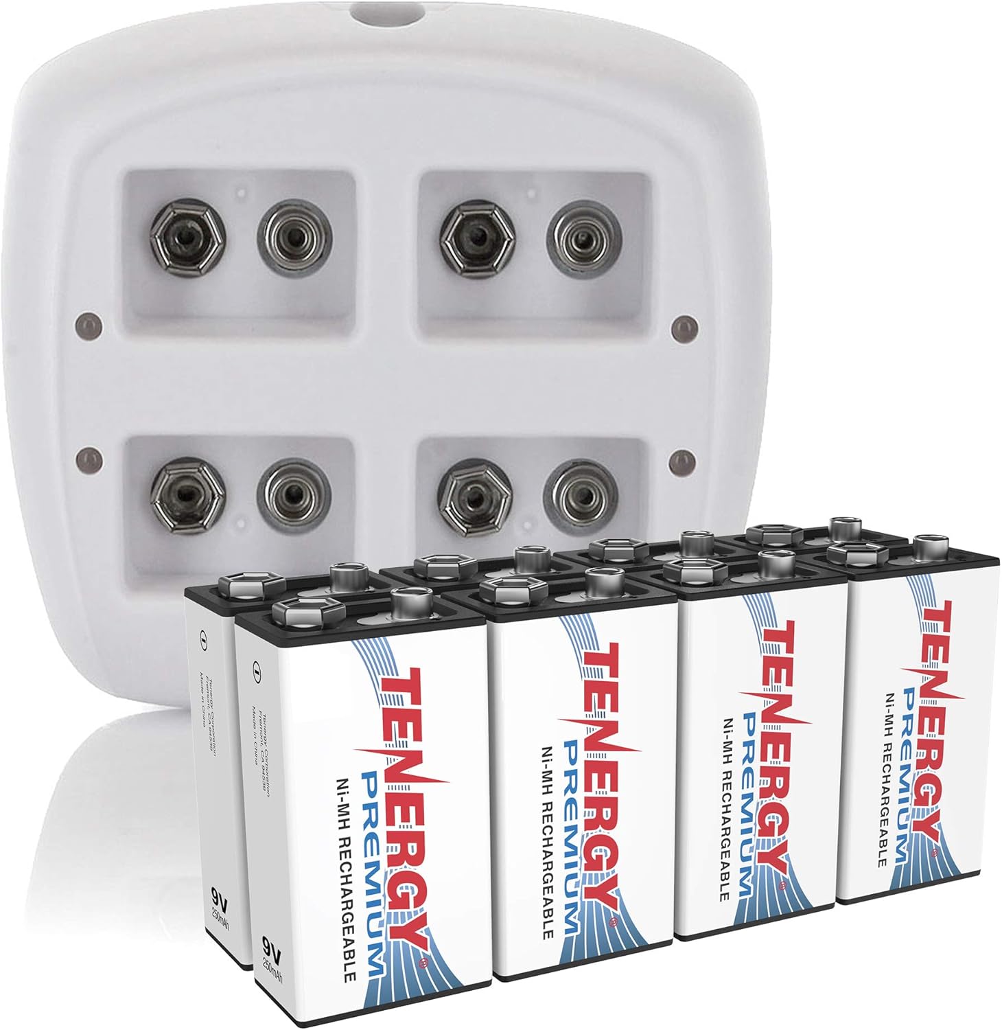 Tenergy Premium 9V Battery Rechargeable 250mAh 8PCS NiMH Square Battery with TN136 4 Bay 9V Battery Charger for Smoke Alarm/Detector