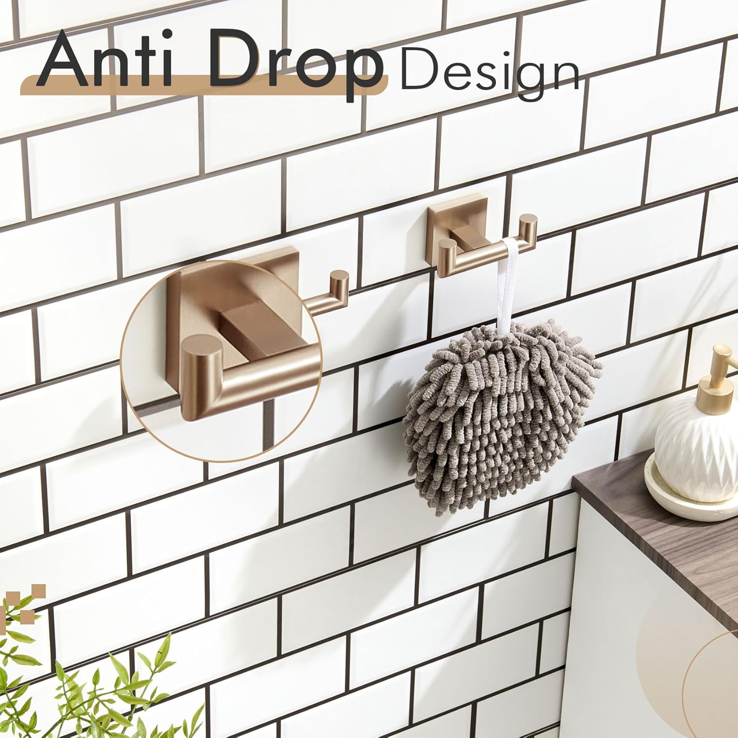 KOKOSIRI Robe Hooks Bath Towel Hooks Bathroom Hardware Double Coat Hooks Wall Mounted, 2 Pack Champagne Bronze Stainless Steel B1015CPG-P2