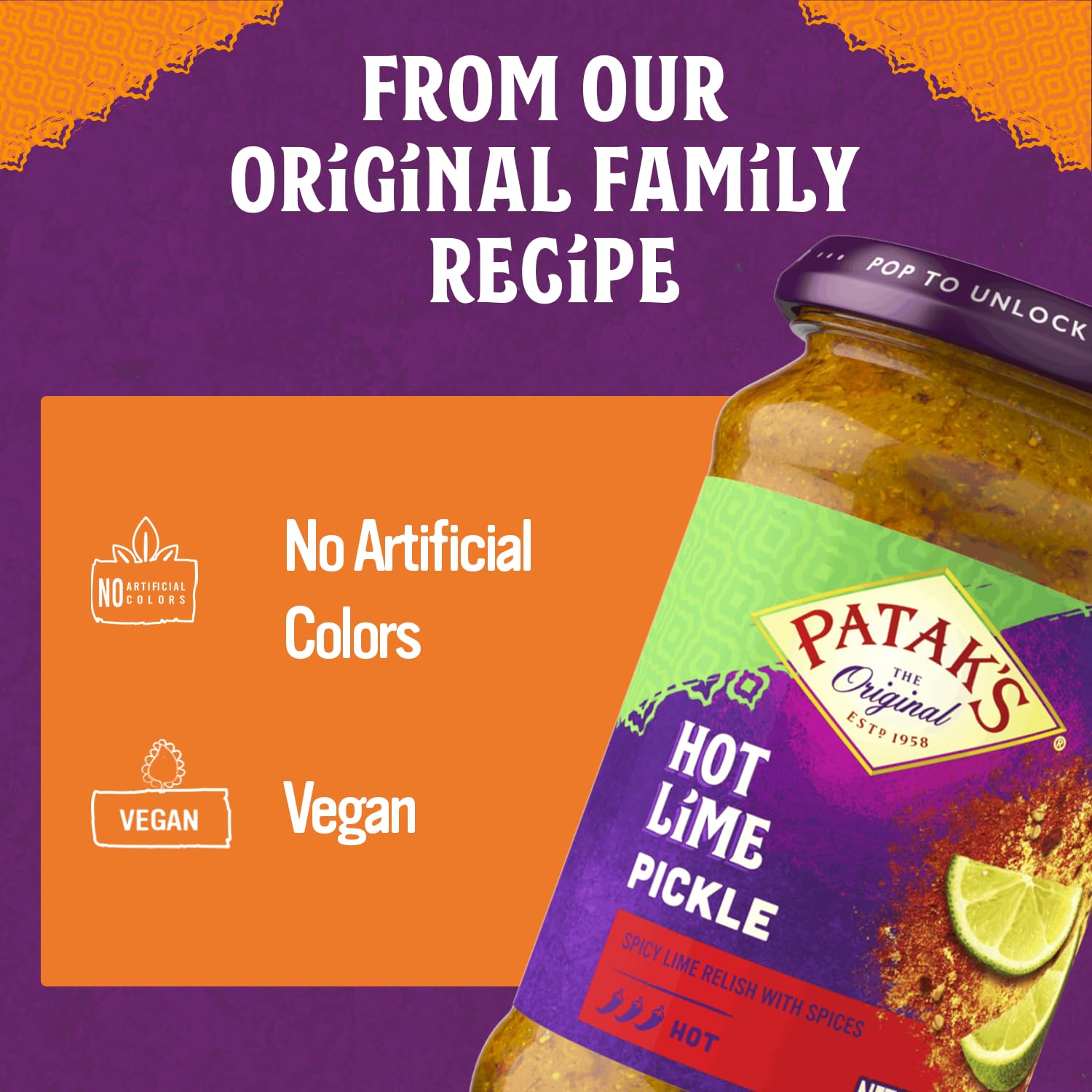 Patak’s Hot Lime Pickle - Authentic Indian Relish w/Lime Dices, Mustard Seeds & Aromatic Spices - Perfect for Sandwiches, Curries, Salads & Cold Meats - Vegan Spicy Pickle - 10oz Jar (Pack of 6)
