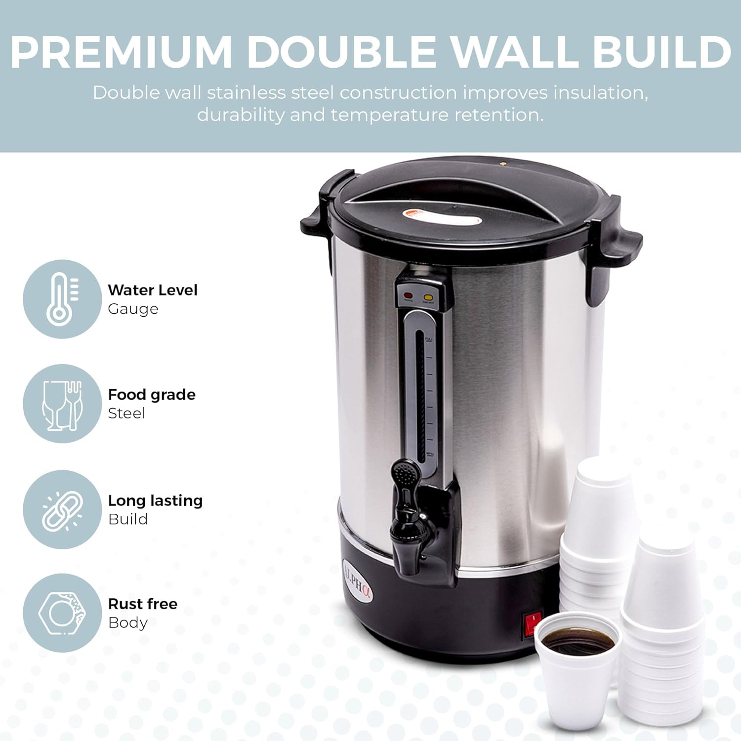 ALPHA LIVING 100 Cups Electric Coffee Urn – Stainless Steel Large Capacity Electric Kettle Percolator Coffee Pot – Ideal Hot Beverage Dispenser for Catering, Hotels, Restaurants –Leak-Proof Tap