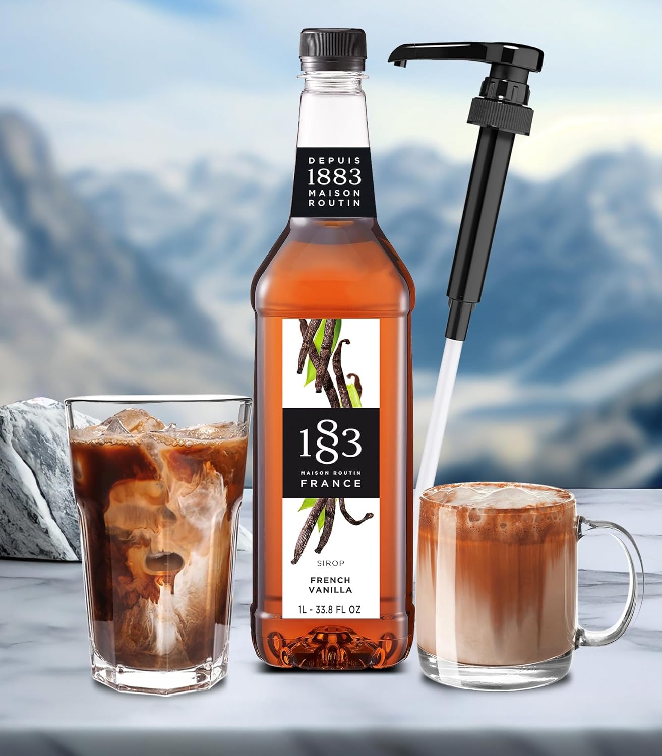 Vanilla Syrup for Coffee 33.8 Ounces with Pump - 1883 Vanilla Coffee Syrup, 1 Liter Plastic Bottle Made in France