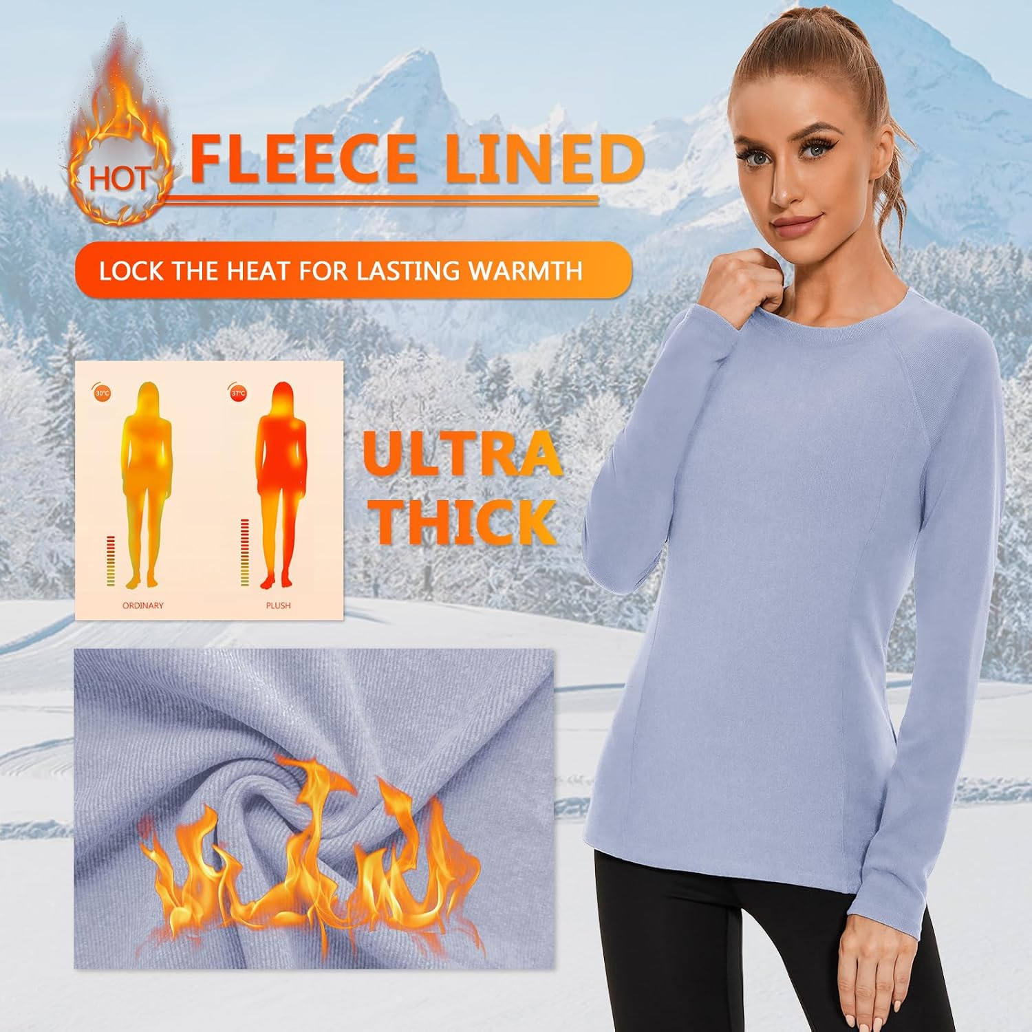 WOWENY Thermal Shirts for Women Base Layer Soft Fleece Lined Long Sleeve Top Thermal Underwear Winter Cold Weather