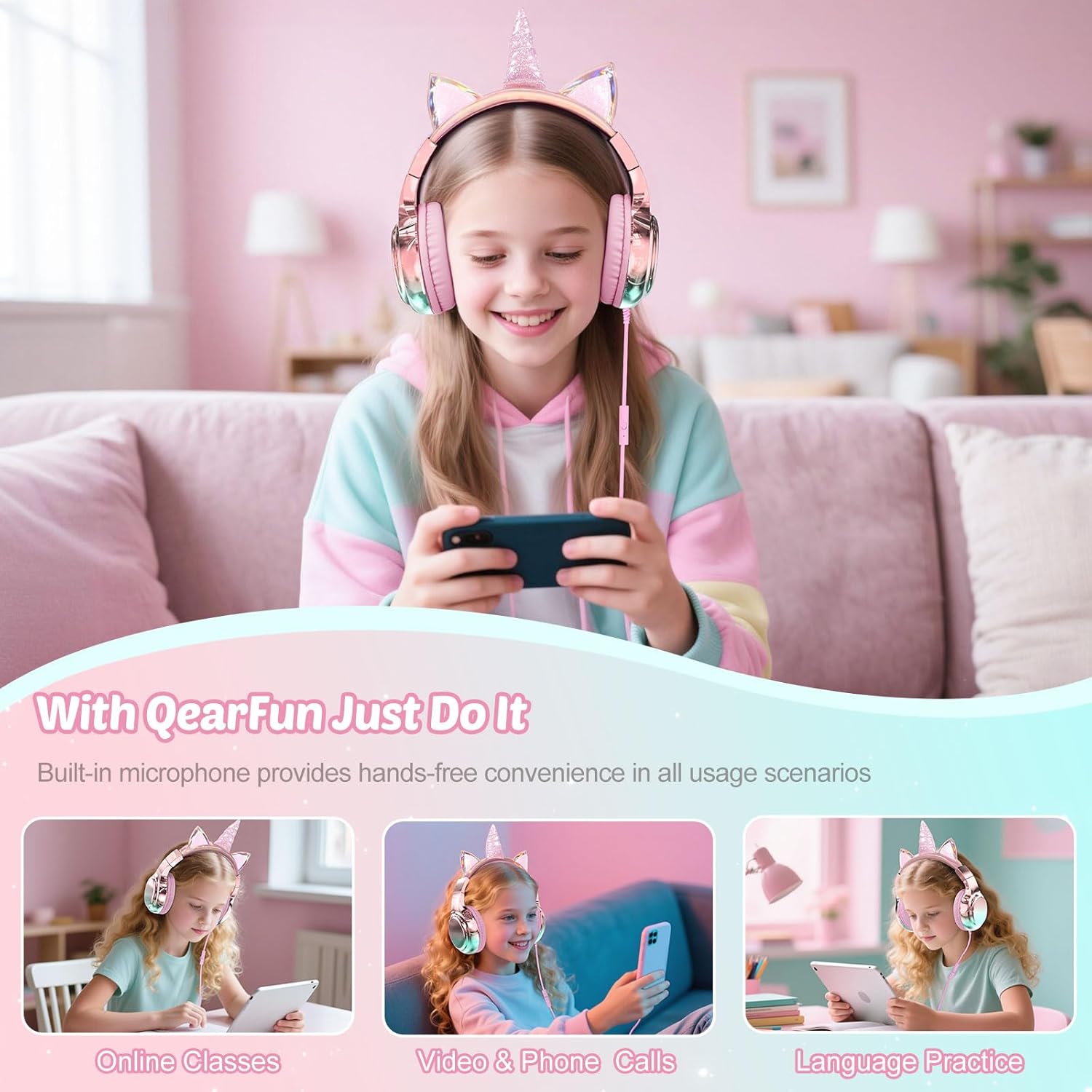 QearFun Kids Unicorn Headphones with USB C for Girls with Microphone, 85/94dB Safe Volume Limiter, Tangle-Free Cord, Share Port, Foldable Sparkly Wired Headset for School, Travel, Tablet, iPad