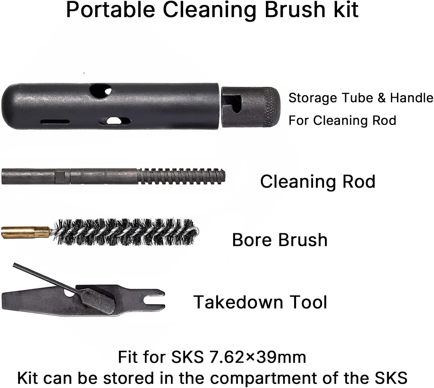 SKS Maintenance Kit with Front Sight Tool | Bore Brush, Cleaning Rod & Adjustment Tool for SKS Platform | Secure Stock Storage Tube
