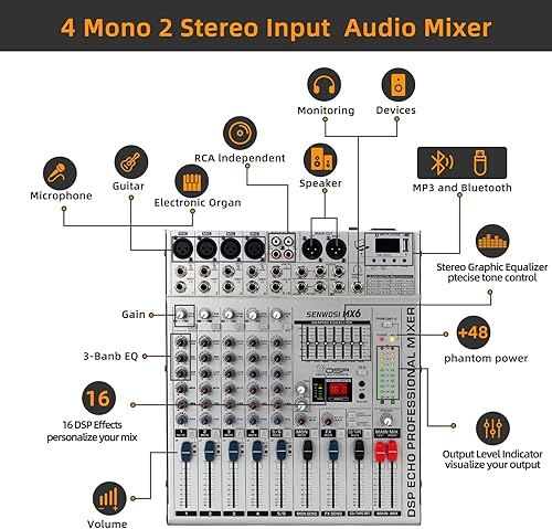 Miniatura 5 de Mezclador de audio de panel de metal de 6 canales, entrada de grabación BT USB PC, 16 efectos DSP, ecualizador estéreo, fuente de alimentación de 48