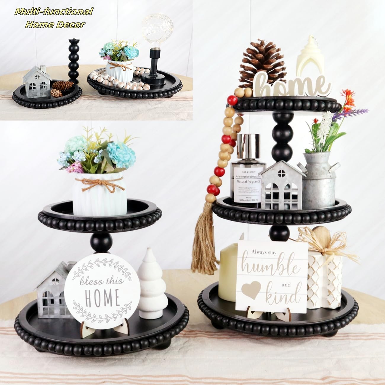 2 Tiered Tray Stand Display Farmhouse Tiered Tray with Beads Home Decor, Wood Cupcake Stand, Two Tier Tray with Beads for The Coffee Table(Black).