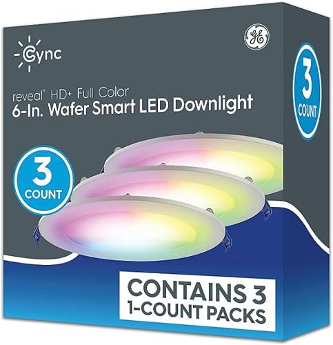 Luminaria empotrada LED inteligente GE CYNC Wafer, Reveal + Color Completo, 6 pulgadas, Bluetooth y Wi-Fi, compatible con Alexa y Google Home