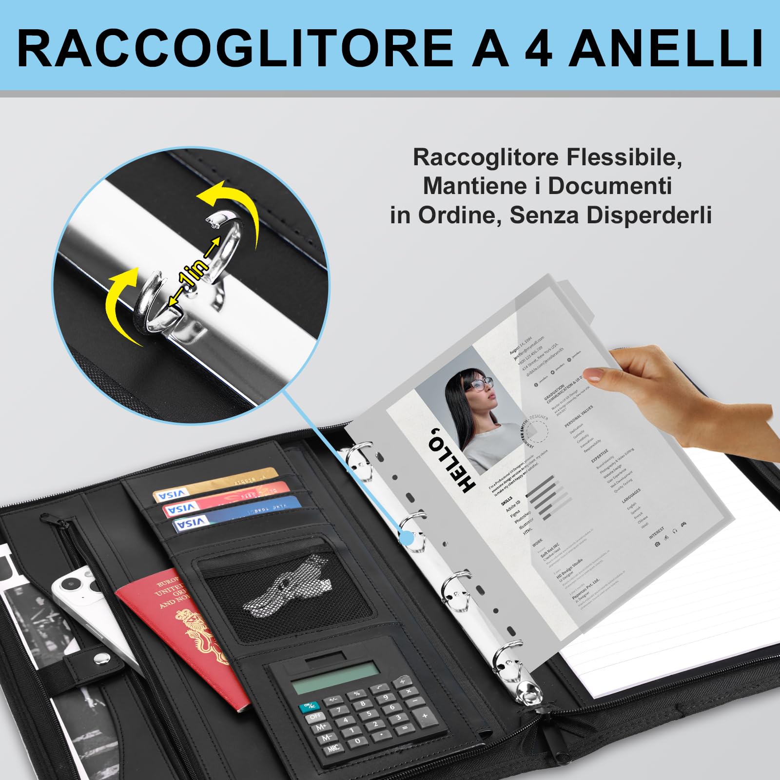 Leathario Cartella portadocumenti A4 pelle vegana organizer con cerniera Nero