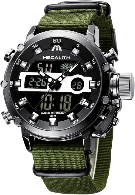 MEGALITH Mens Watches Men Digital Analogue Sports Military LED Big Face Designer Waterproof Black Wrist Watch Multifunction Digital Stopwatch Alarm Calendar Casual Watches for Man
