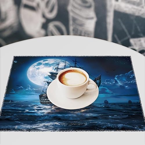 Miniatura 7 de Blue Boat On Seascape and Moon in The Sky Placemats Set of 6 Resistant Table Mats Washable Place Mats for Dinner Party Table Decoration