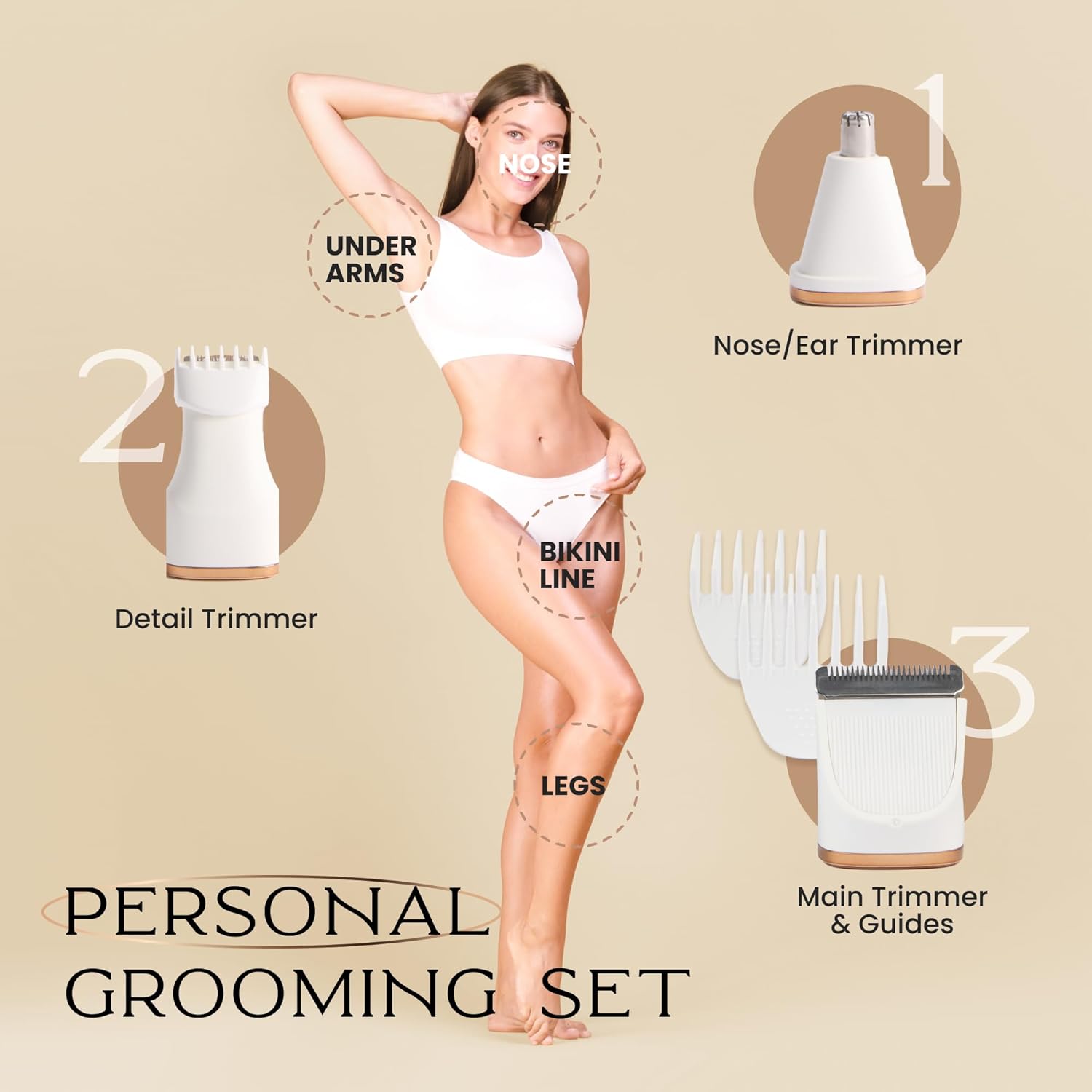 Bella Ciao 10-Piece Electric Trimmer Set for Women, Body and Bikini Hair Trimmer with Ceramic Blade, Ear and Nose Hair Remover, Detail Heads, Comb Guides, Charging Dock and USB Cable