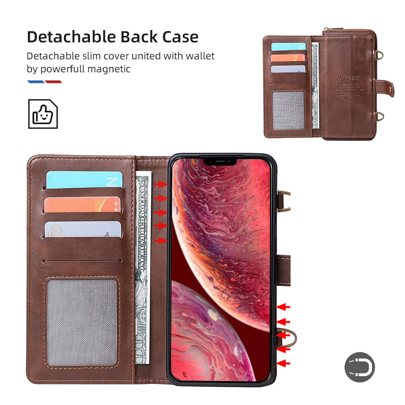 Etui do iPhone 14 / 14 Pro / 14 Plus / 14 Pro Max, klapki, zamek błyskawiczny, etui na telefon komórkowy, przegródka na karty, magnetyczne, odporne na zarysowania, brązowe, 14 Pro 6,1"