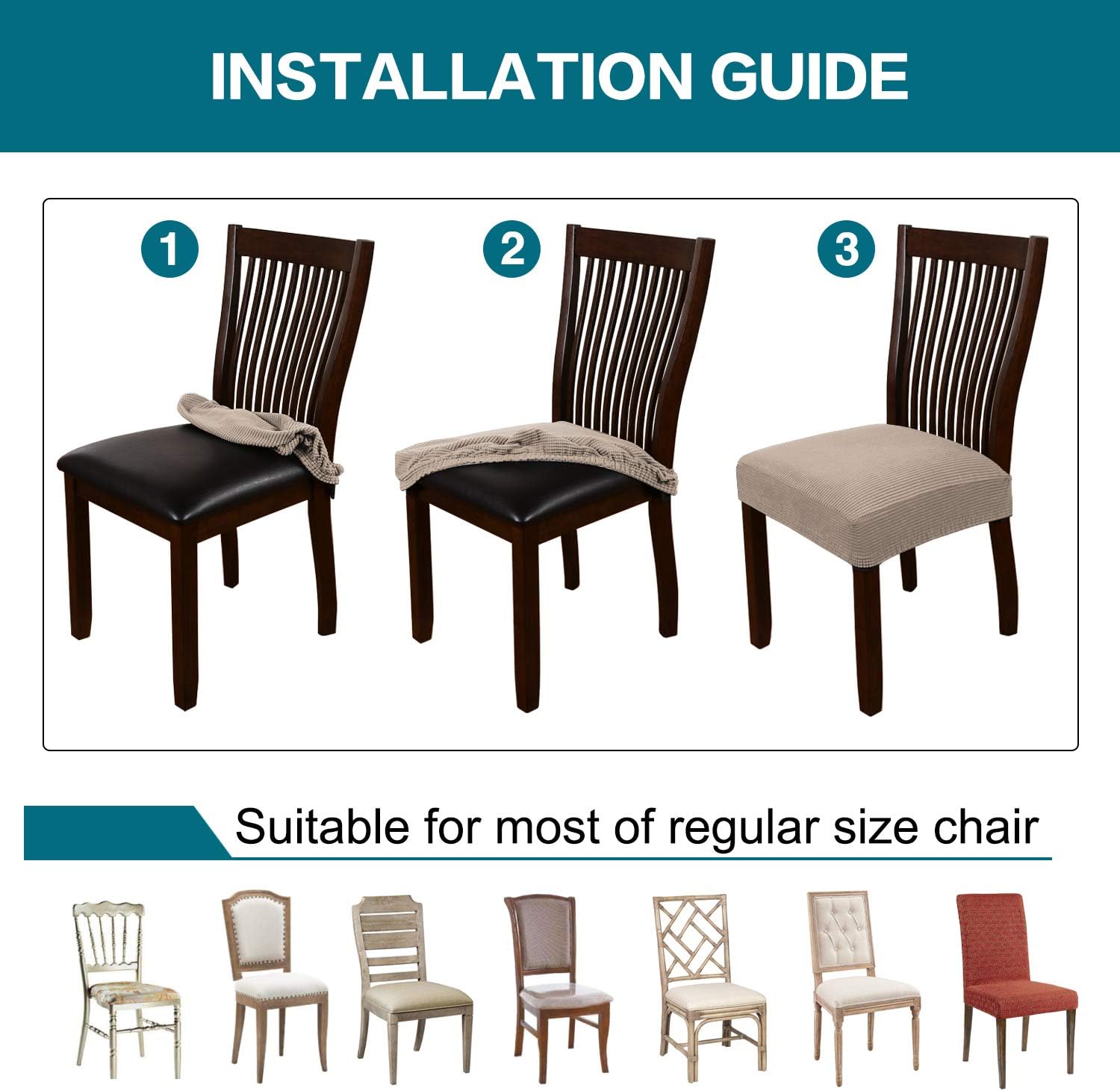 Turquoize Stretch Dining Chair Covers Seat Covers for Dining Room Chair Covers Set of 4，Removable Washable Kitchen Chair Seat Cushion Slipcovers Protector, Khaki